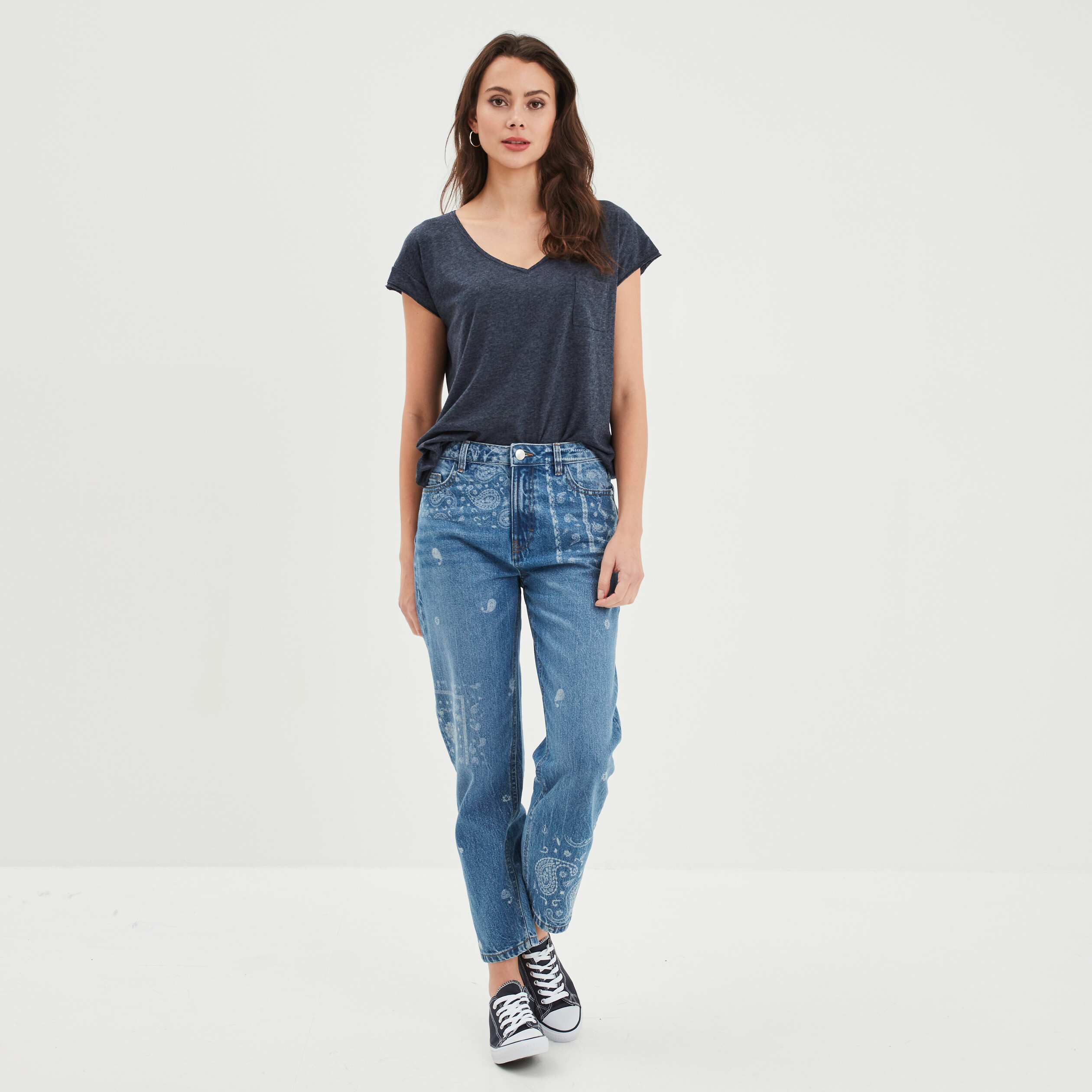 Jeans droit taille haute denim stone femme
