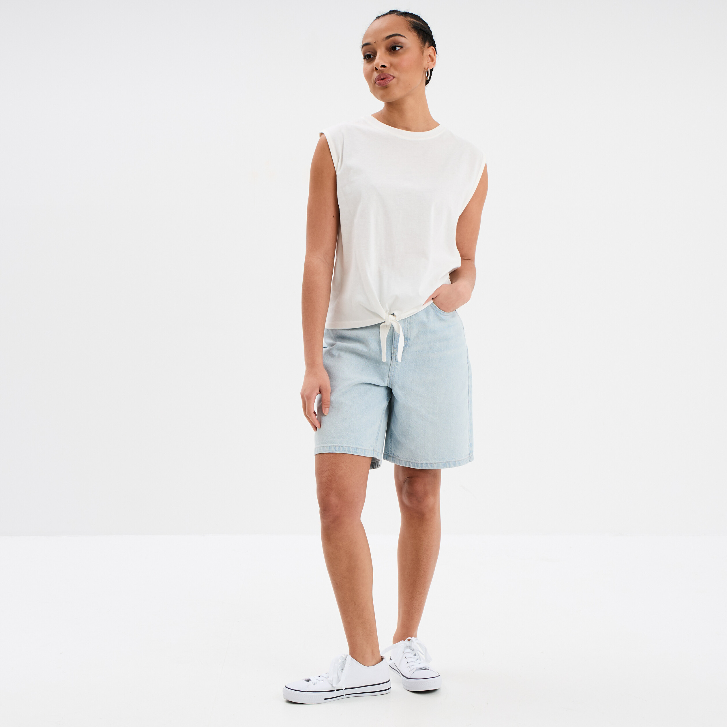 debardeur noue sans manches coton blanc femme Débardeur noué sans manches coton blanc femme