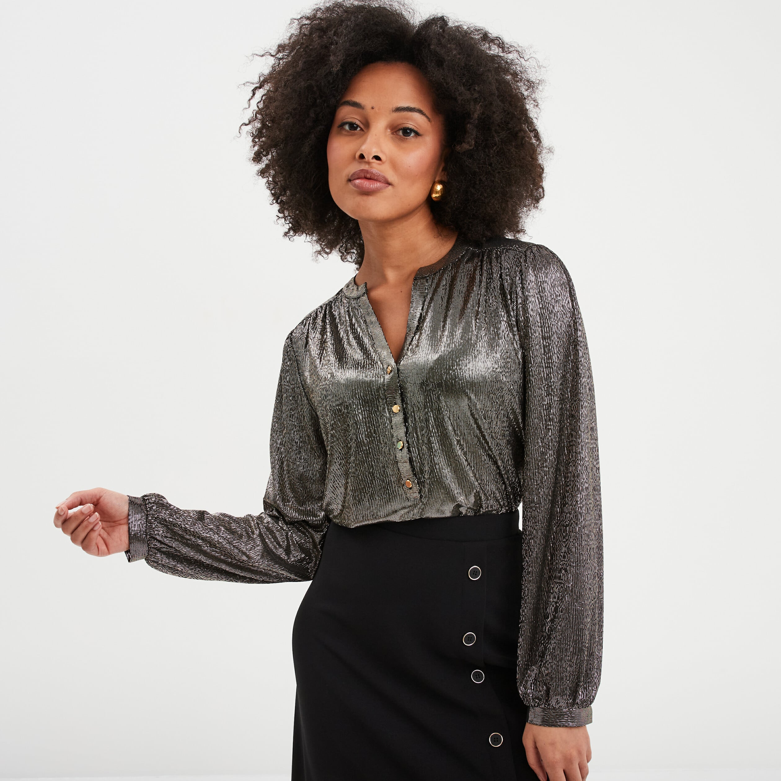 Blouse m&eacute;tallis&eacute;e manches longues jaune or femme