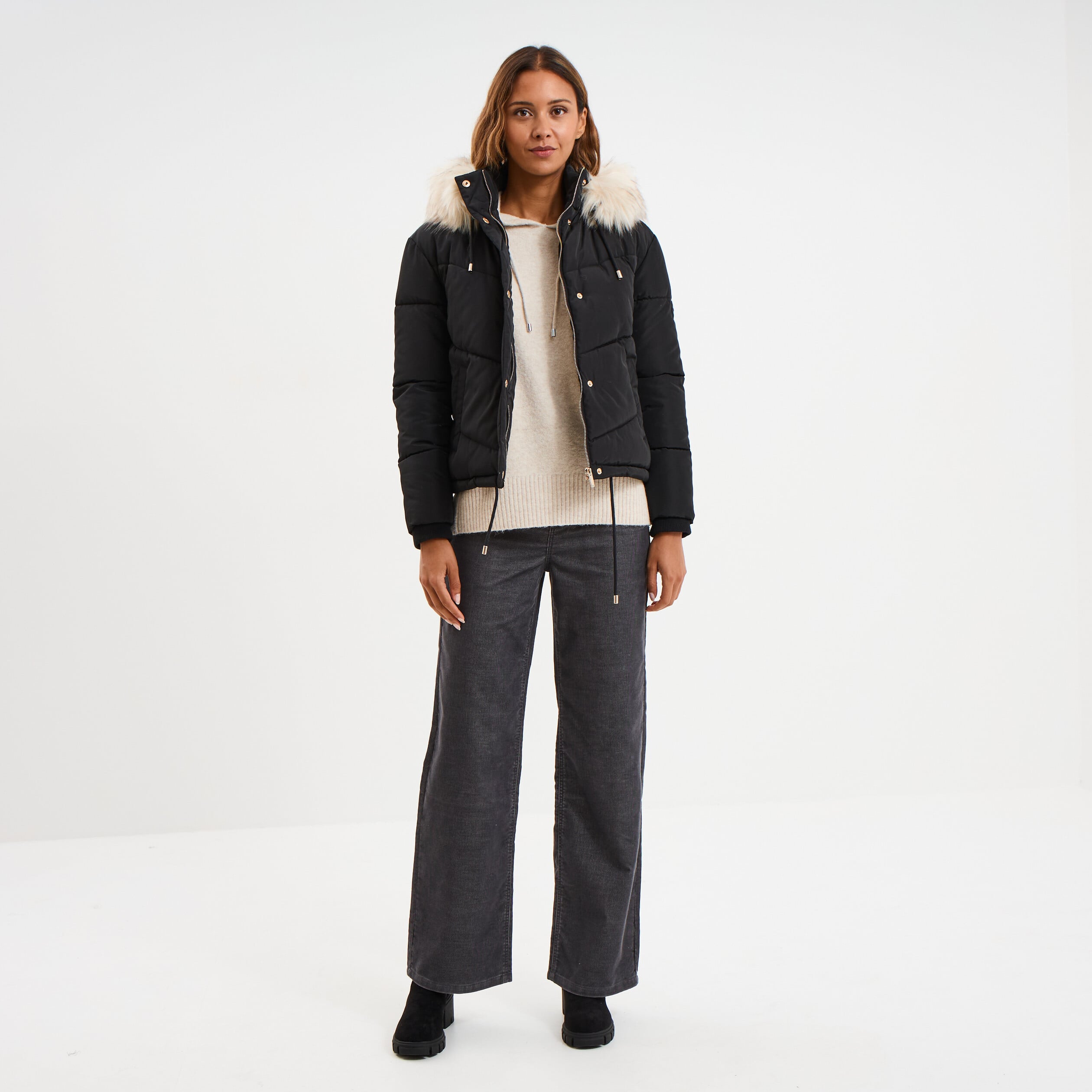 Pull &agrave; capuche manches longues ecru femme