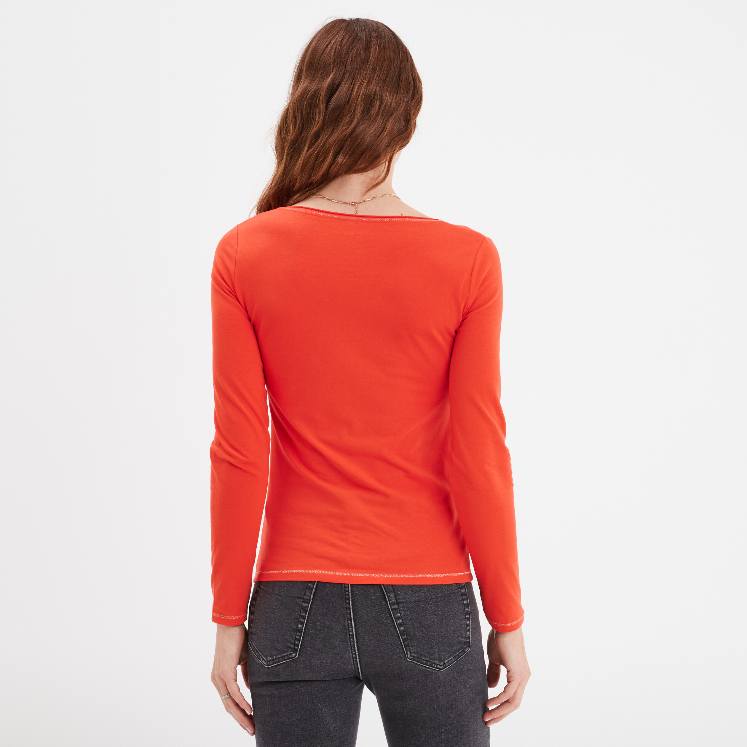 t shirt manches longues col en v coton orange femme T-shirt manches longues col en V coton orange femme