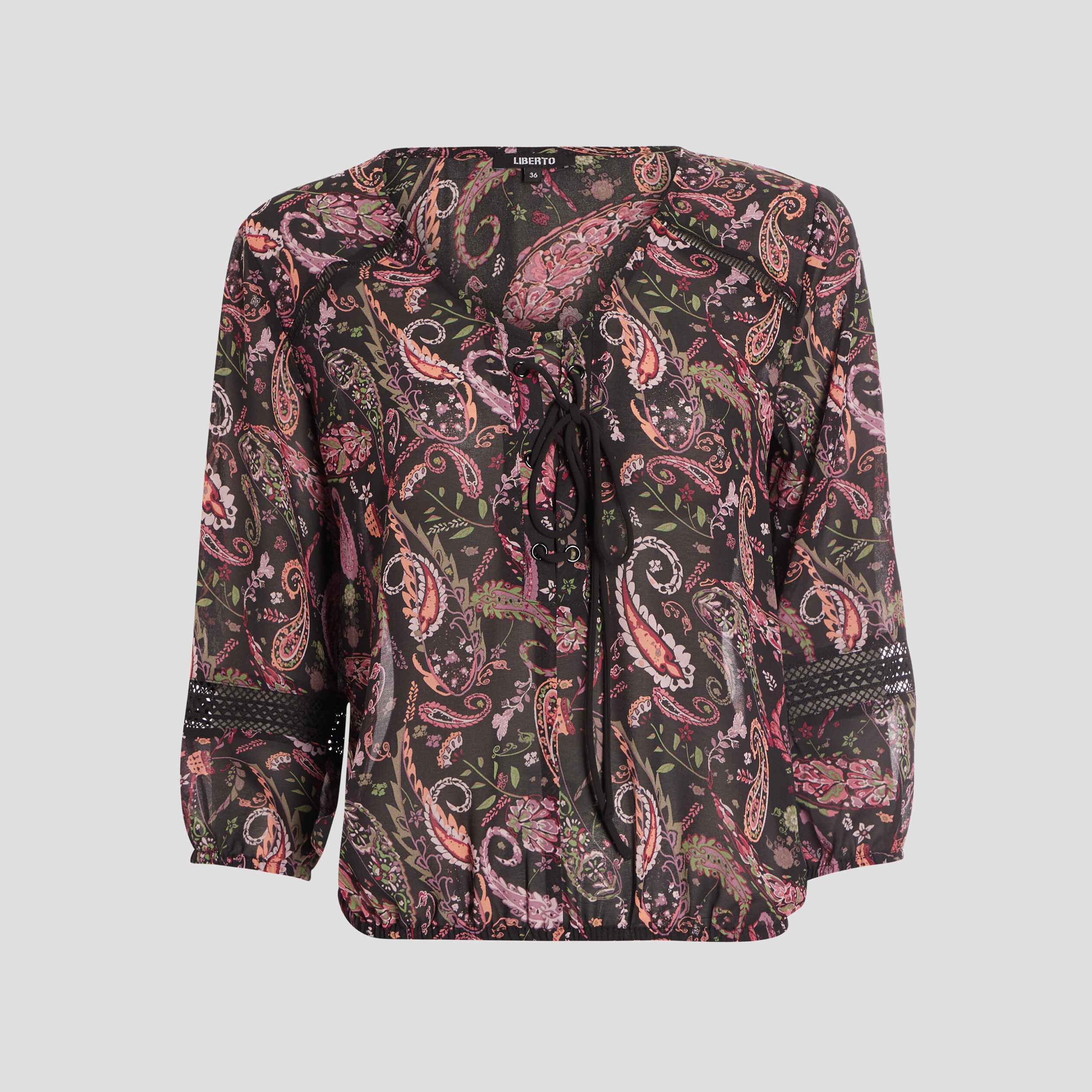 blouse manches 34 detail lacage noir femme Blouse manches 3/4 détail laçage noir femme