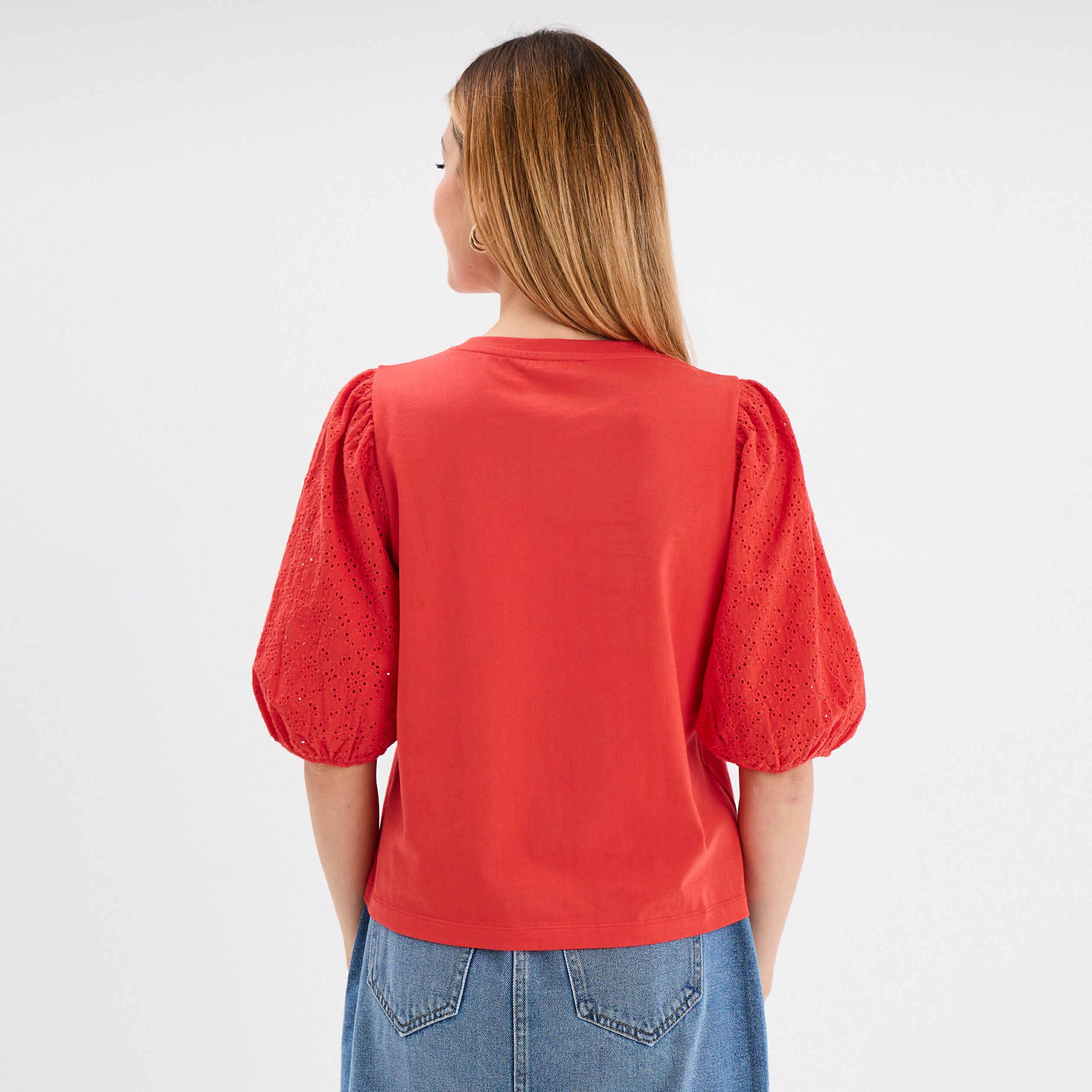 t shirt coton manches broderie anglaise rouge femme T-shirt coton manches broderie anglaise rouge femme