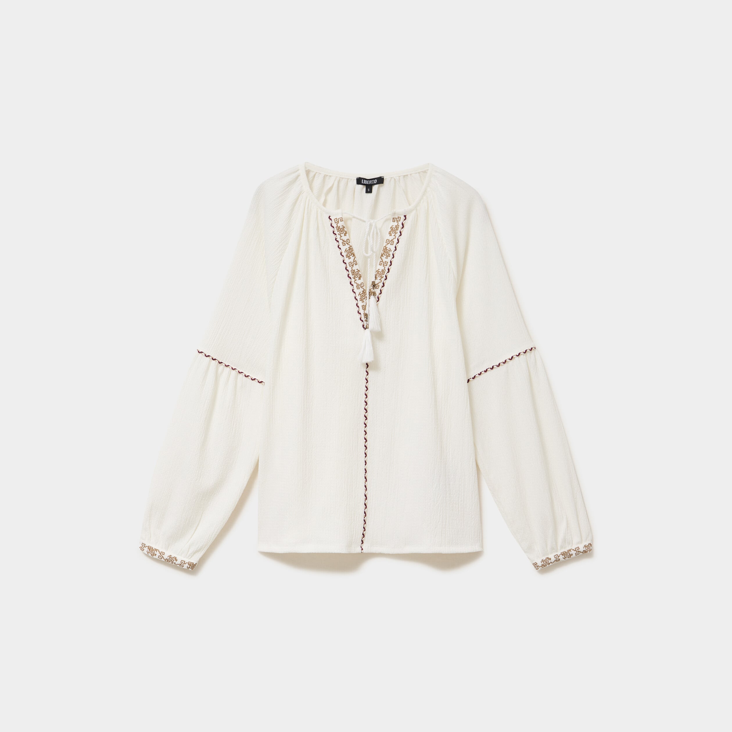 Blouse droite col tunisien avec pompons ecru femme