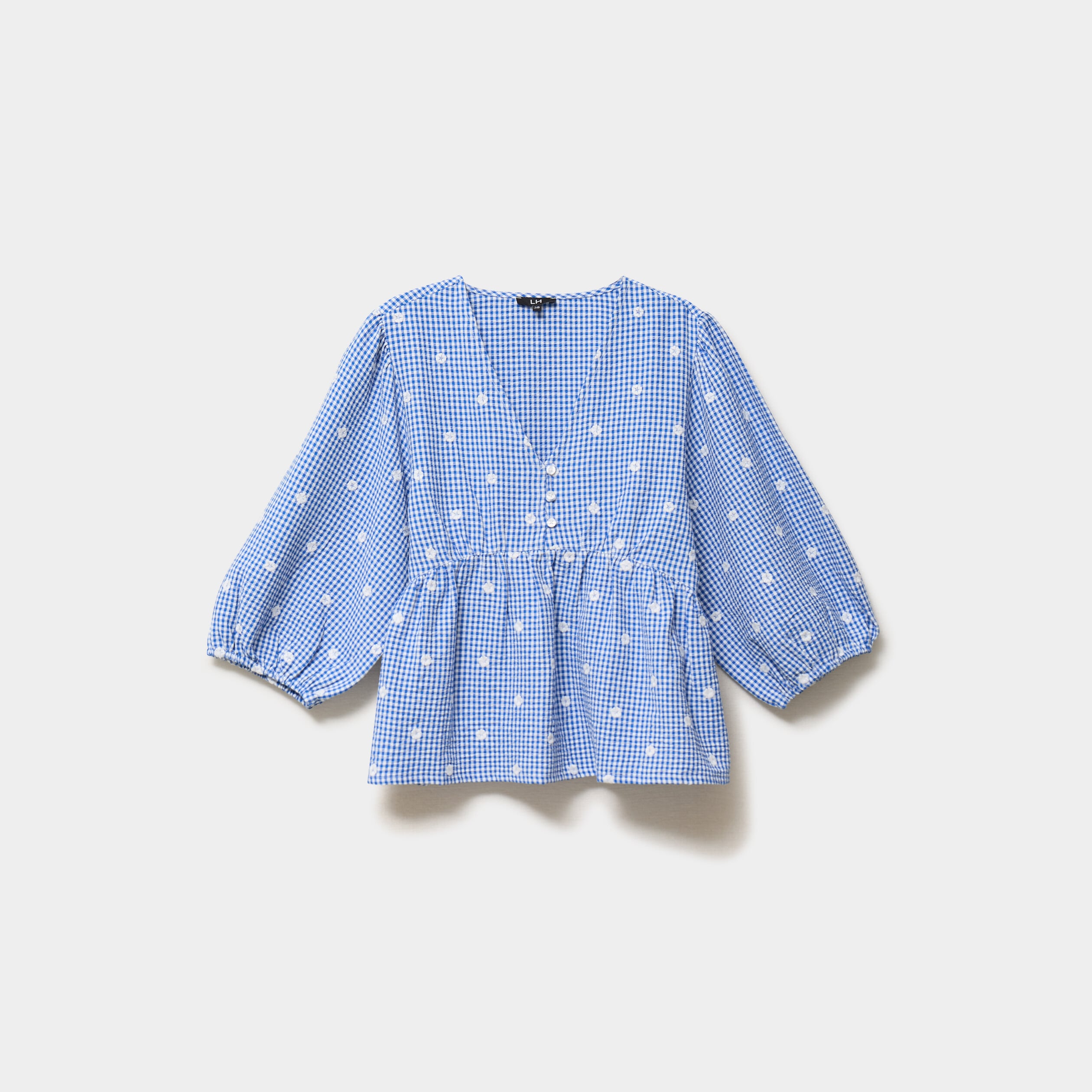 Blouse brod&eacute;e &agrave; basque manches 3/4 bleu marine femme