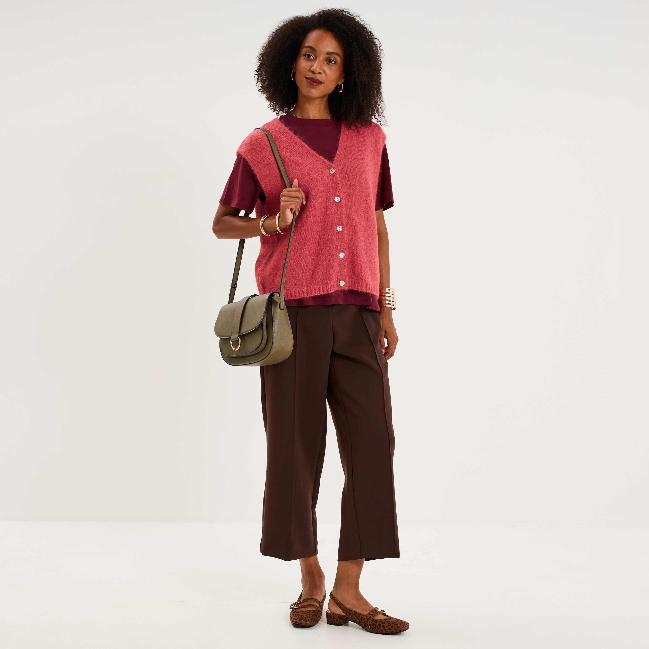 Pantalon droit cropped taille haute marron fonc&eacute; femme