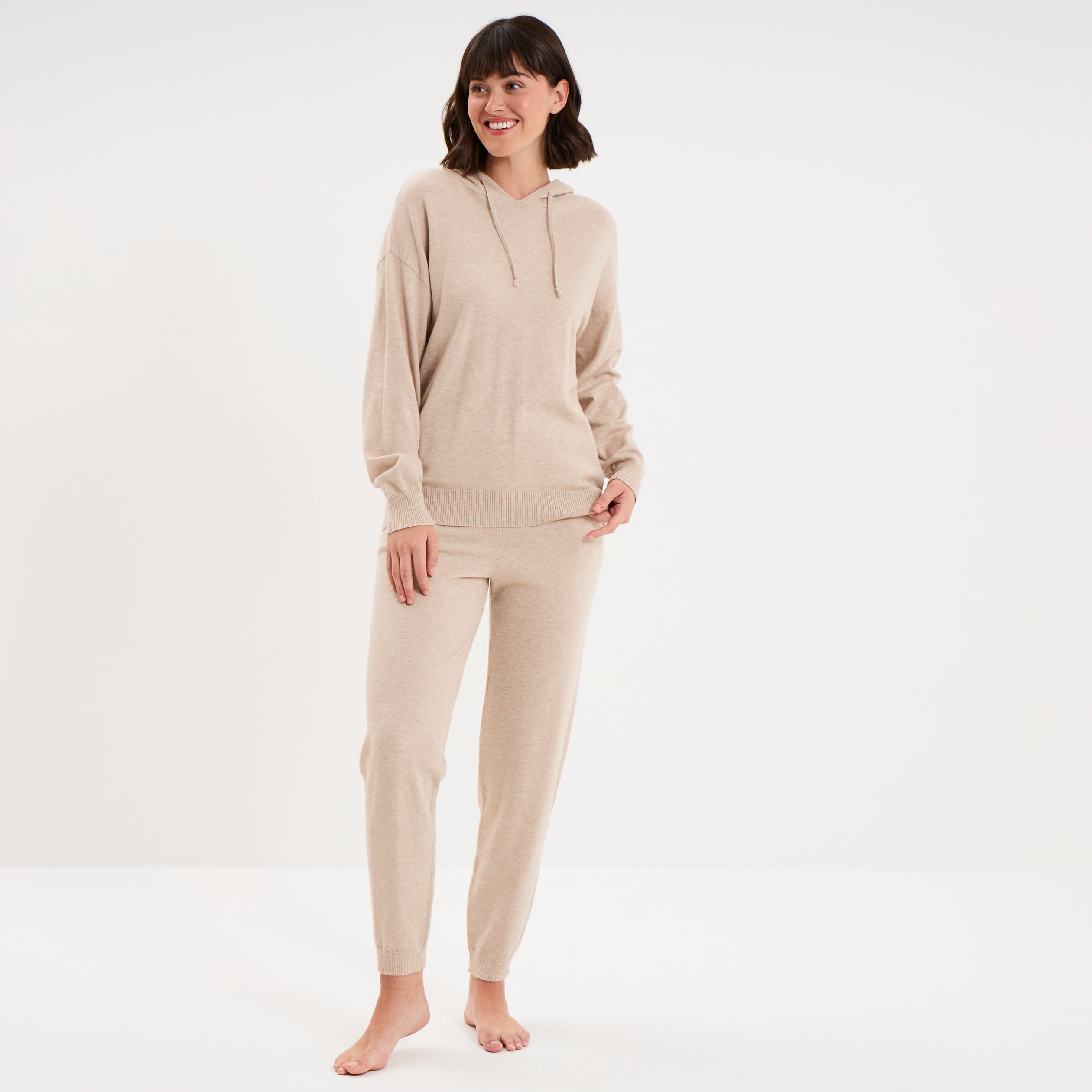 Bas de pyjama jogger en maille beige femme