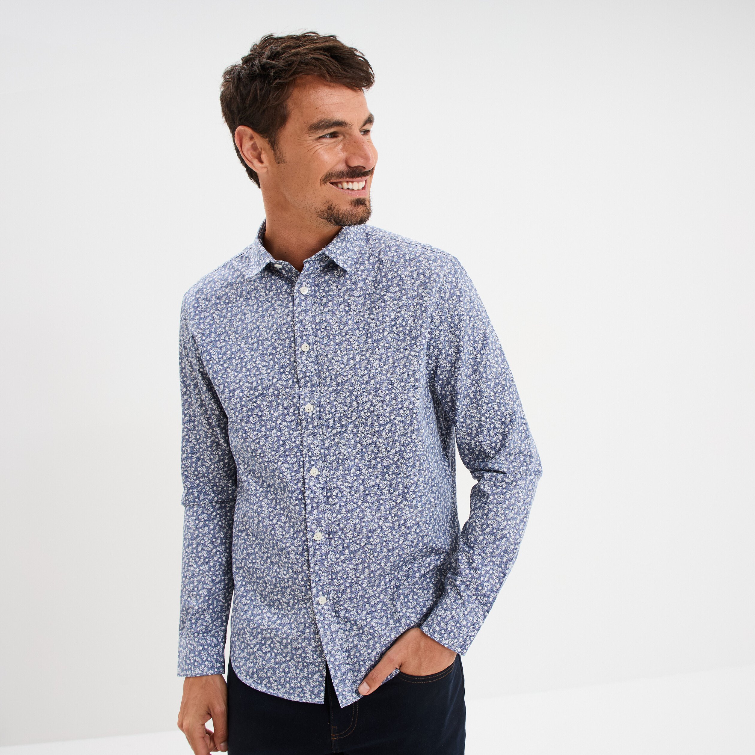 chemise droite imprimee manches longues bleu homme Chemise droite imprimée manches longues bleu homme