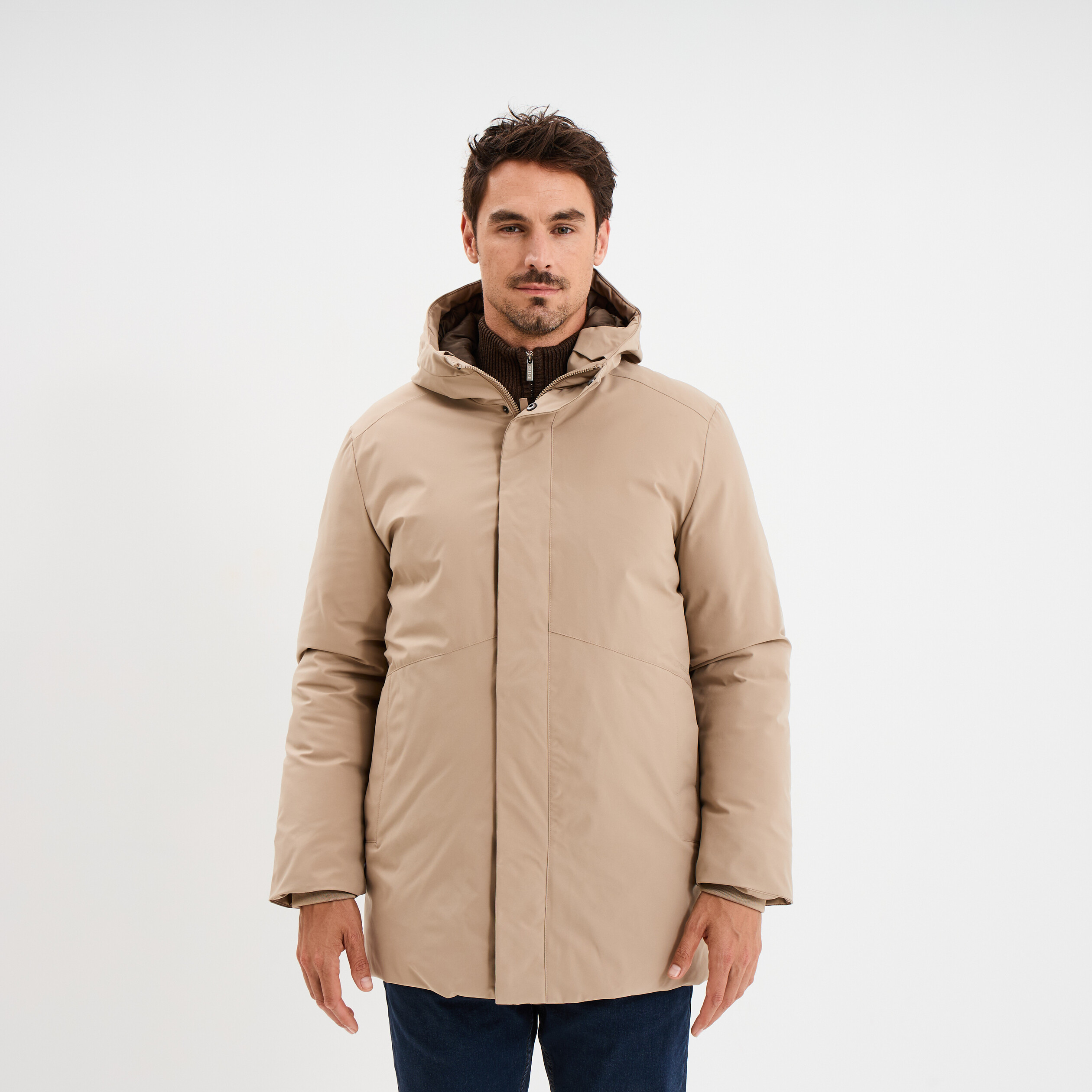 Parka mi-longue &agrave; capuche taupe homme