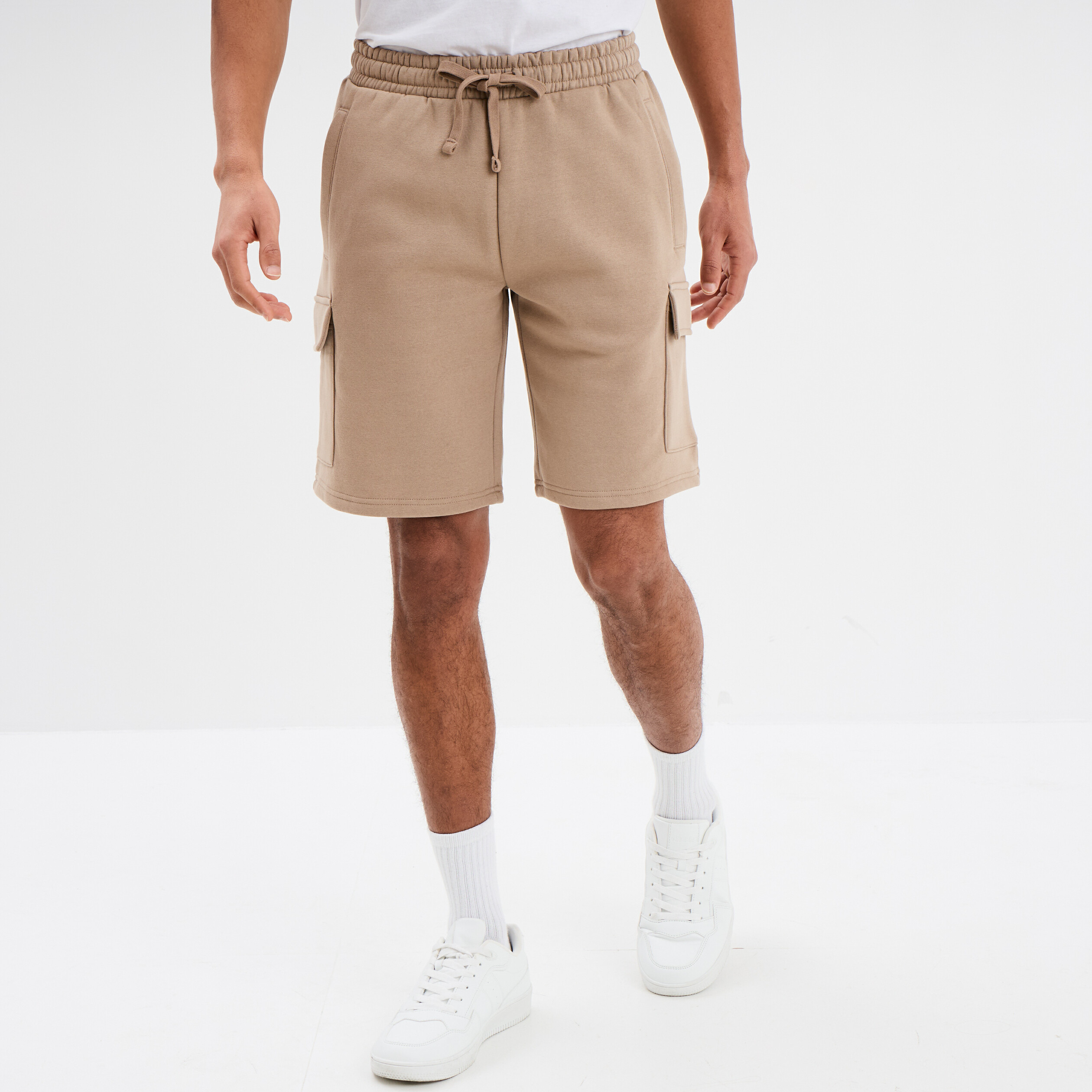 Bermuda cargo molleton taille &eacute;lastiqu&eacute;e taupe homme