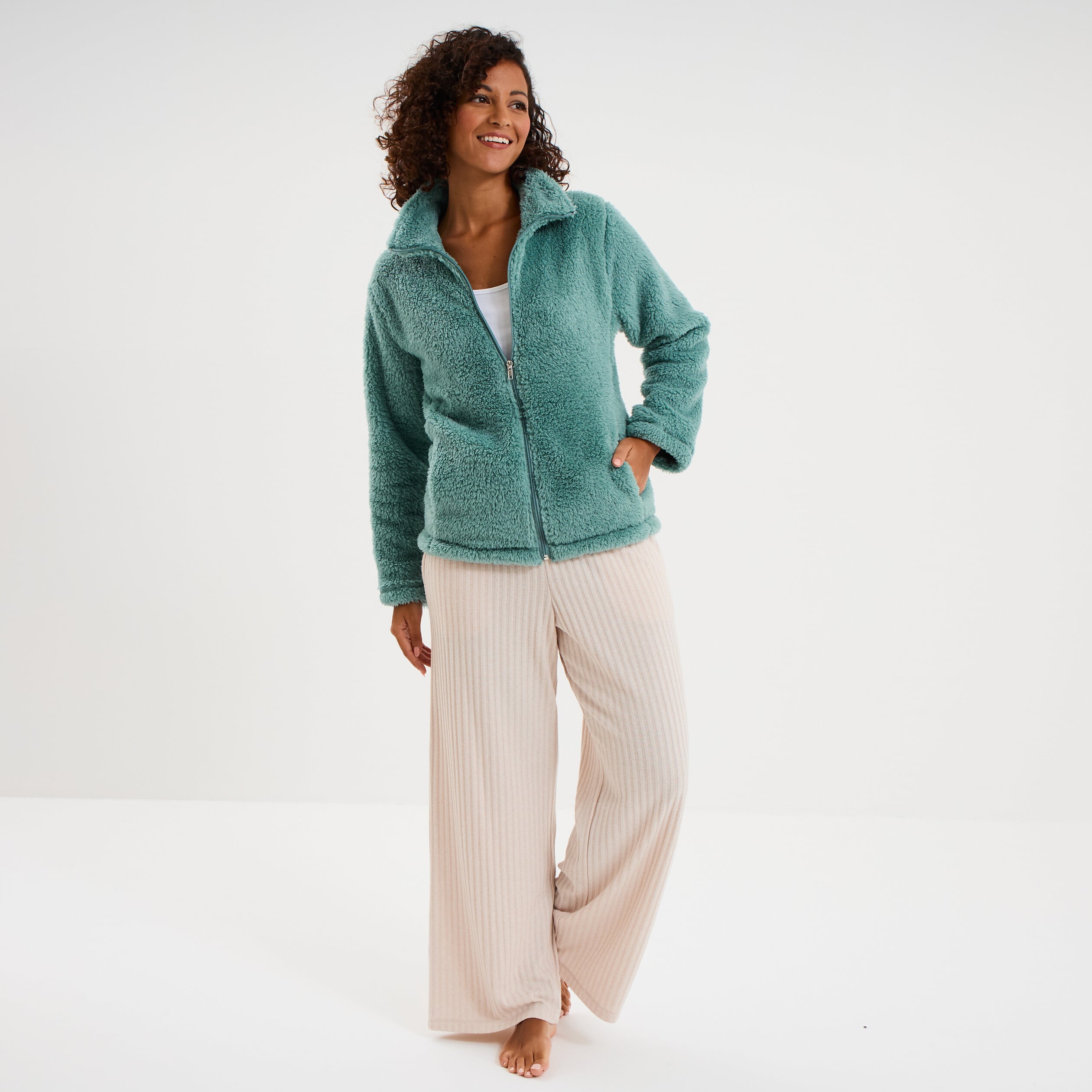 Veste effet polaire col montant bleu gris femme