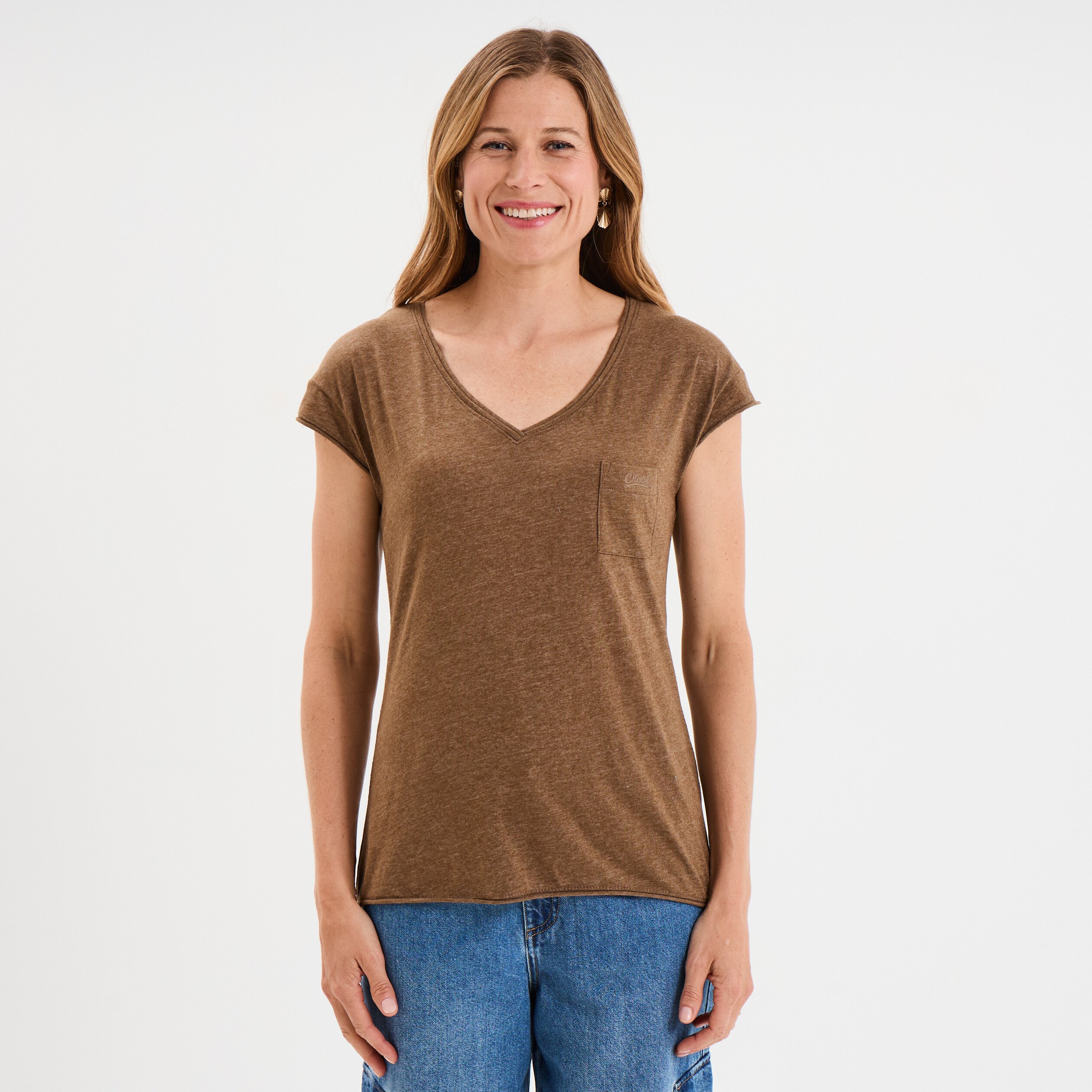 t shirt col v poche poitrine creeks taupe femme T-shirt col v poche poitrine Creeks taupe femme