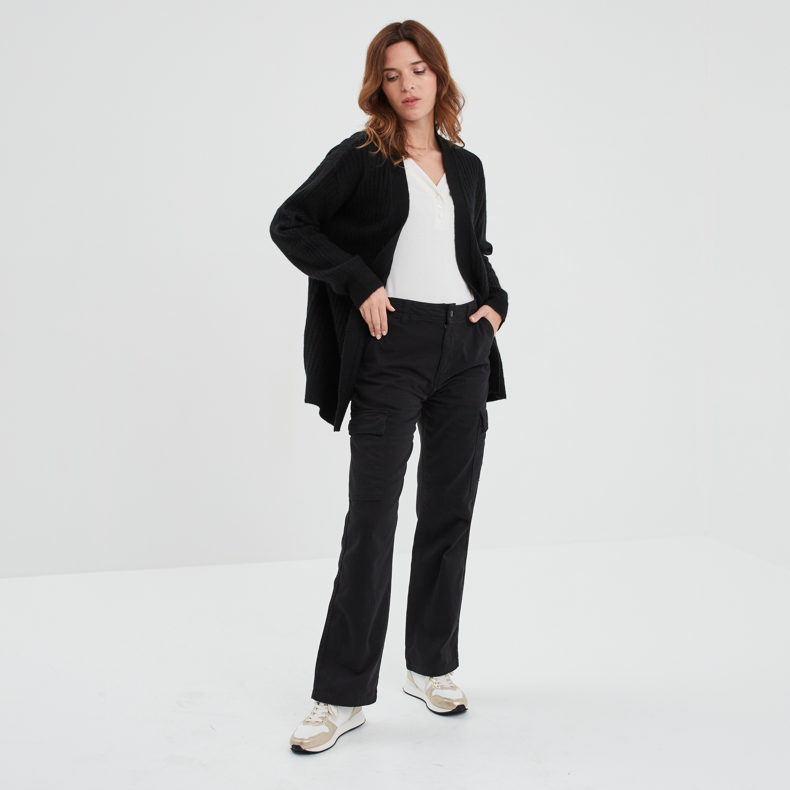 Gilet mi-long côtelé manches longues noir femme