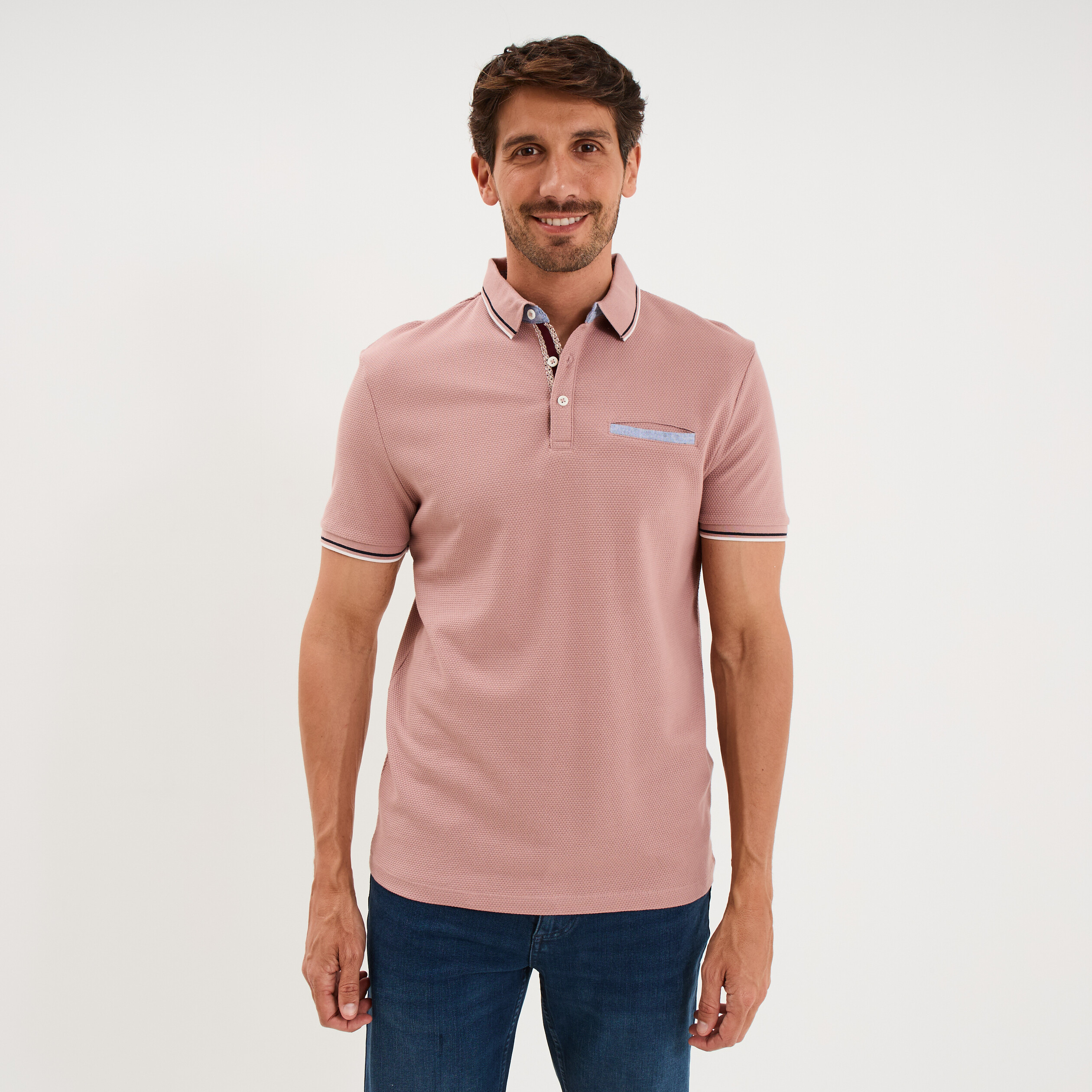 Polo piqu&eacute; manches courtes coton vieux rose homme