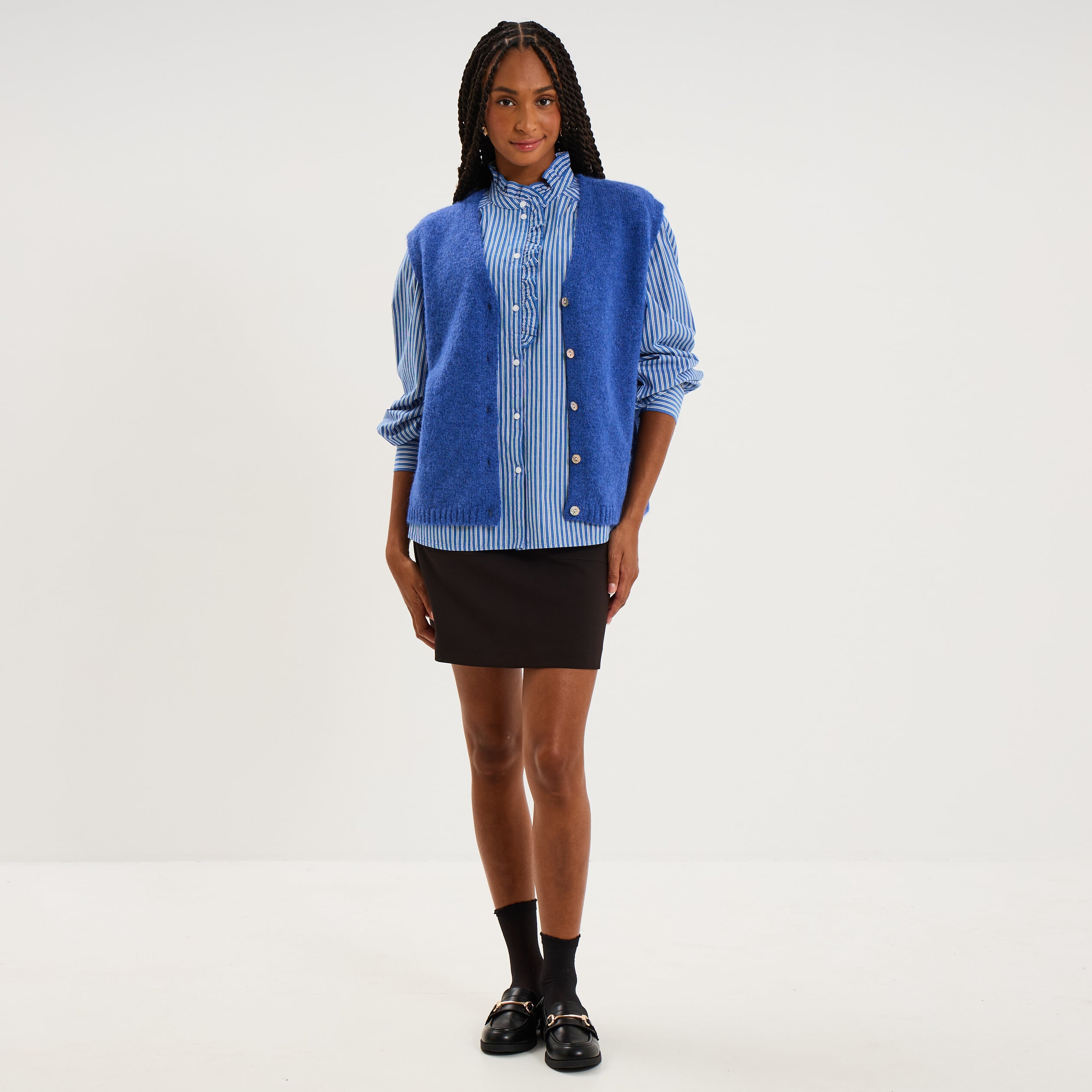 Blouse manches longues col montant bleu femme