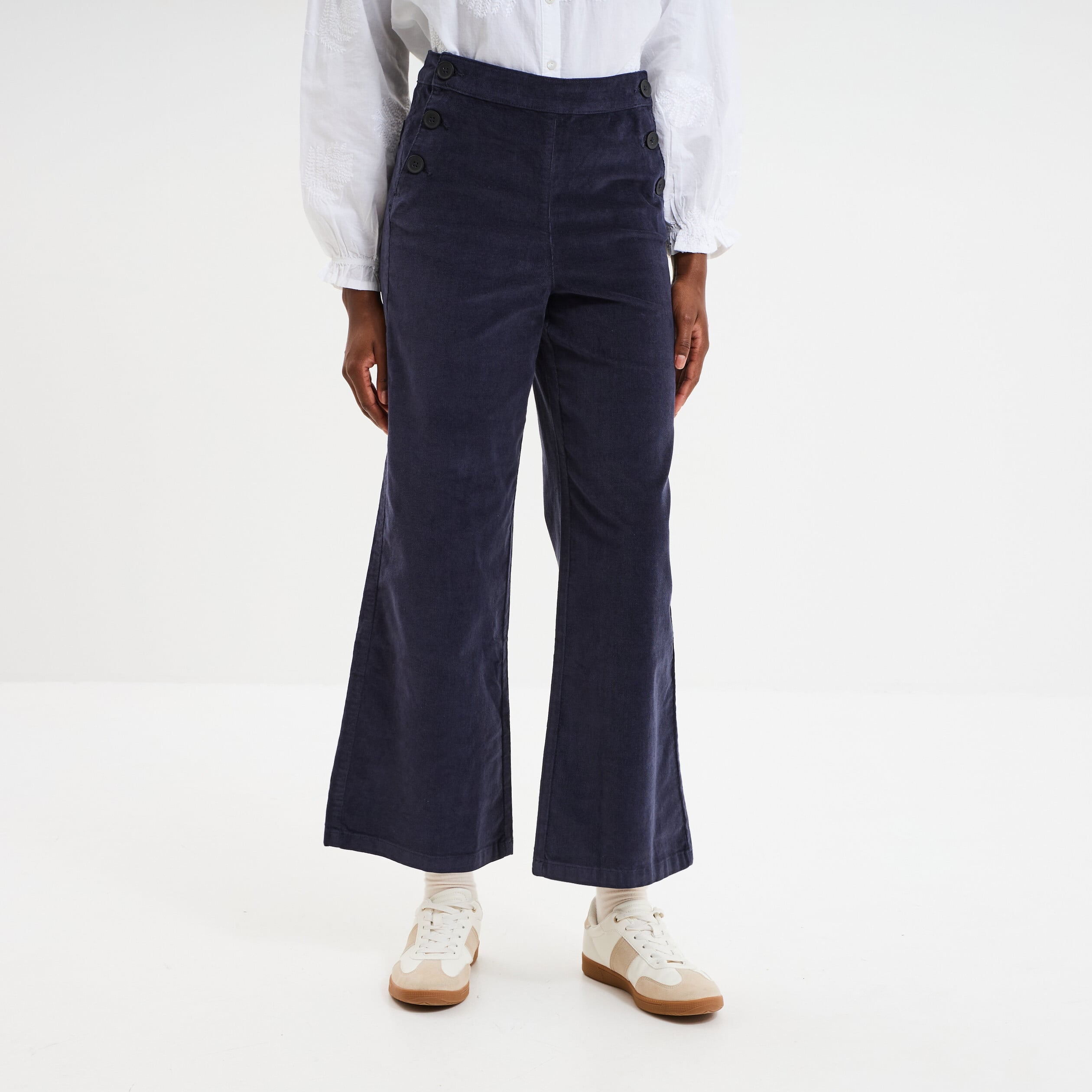 Pantalon effet velours &agrave; pont 7/8&egrave;me bleu fonc&eacute; femme