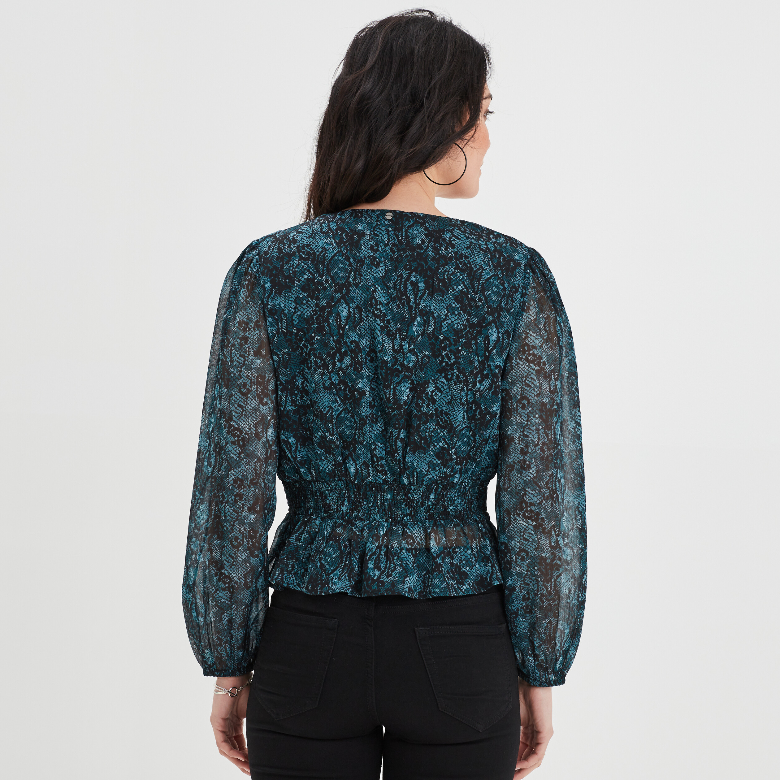 Blouse cintrée col effet croisé Liberto bleu canard femme