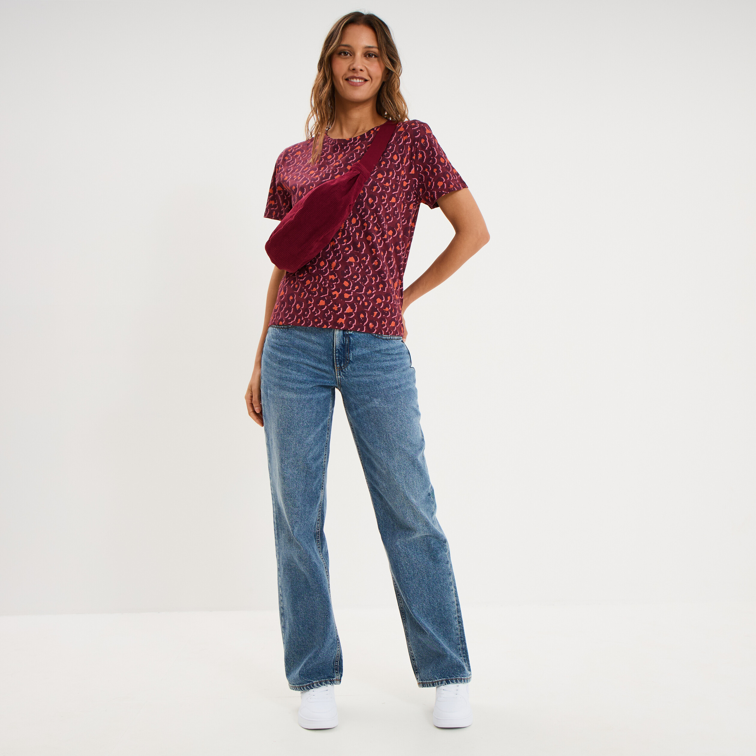 T-shirt coton col rond manches courtes bordeaux femme