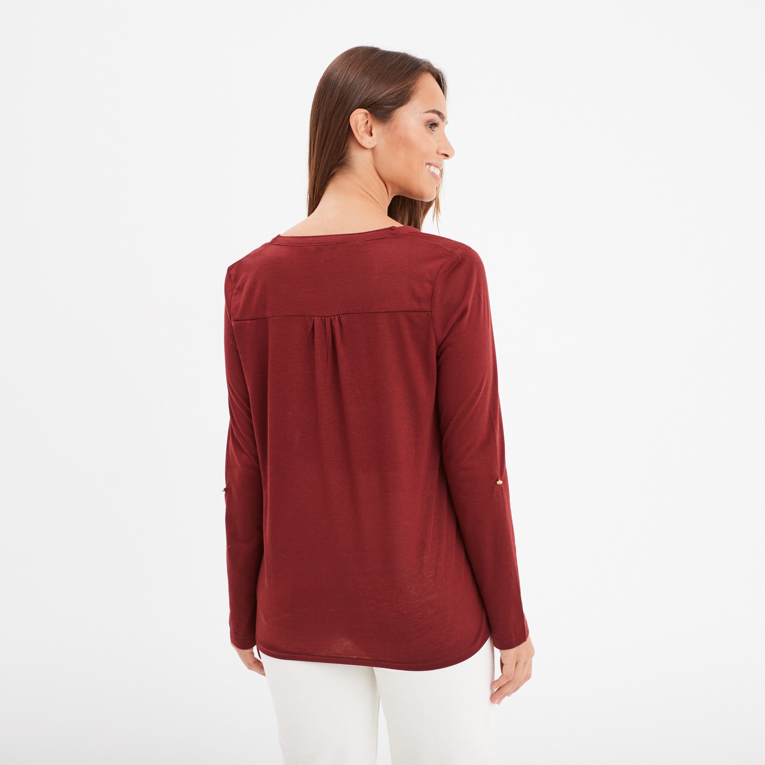T shirt col V manches longues bordeaux femme