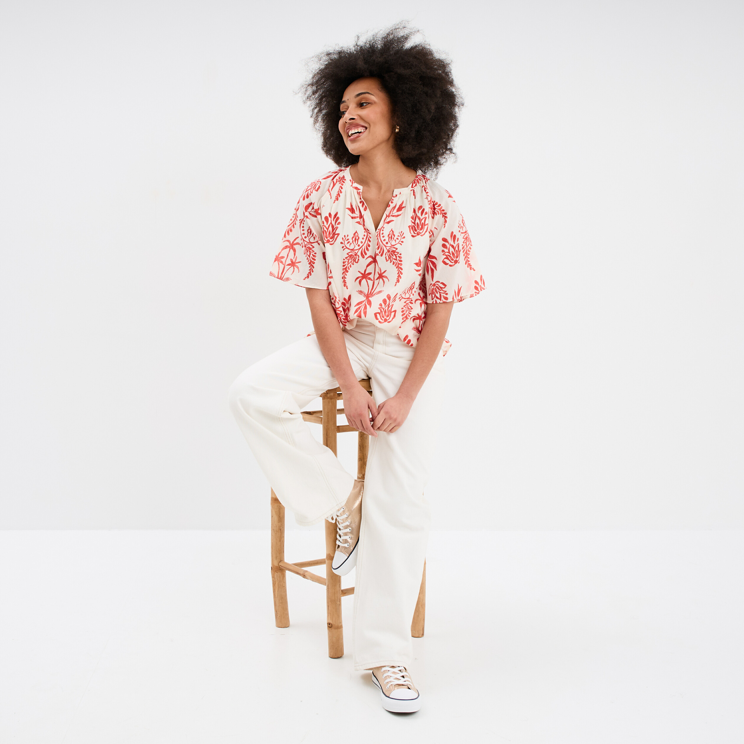 blouse manches courtes papillons coton ecru femme Blouse manches courtes papillons coton ecru femme
