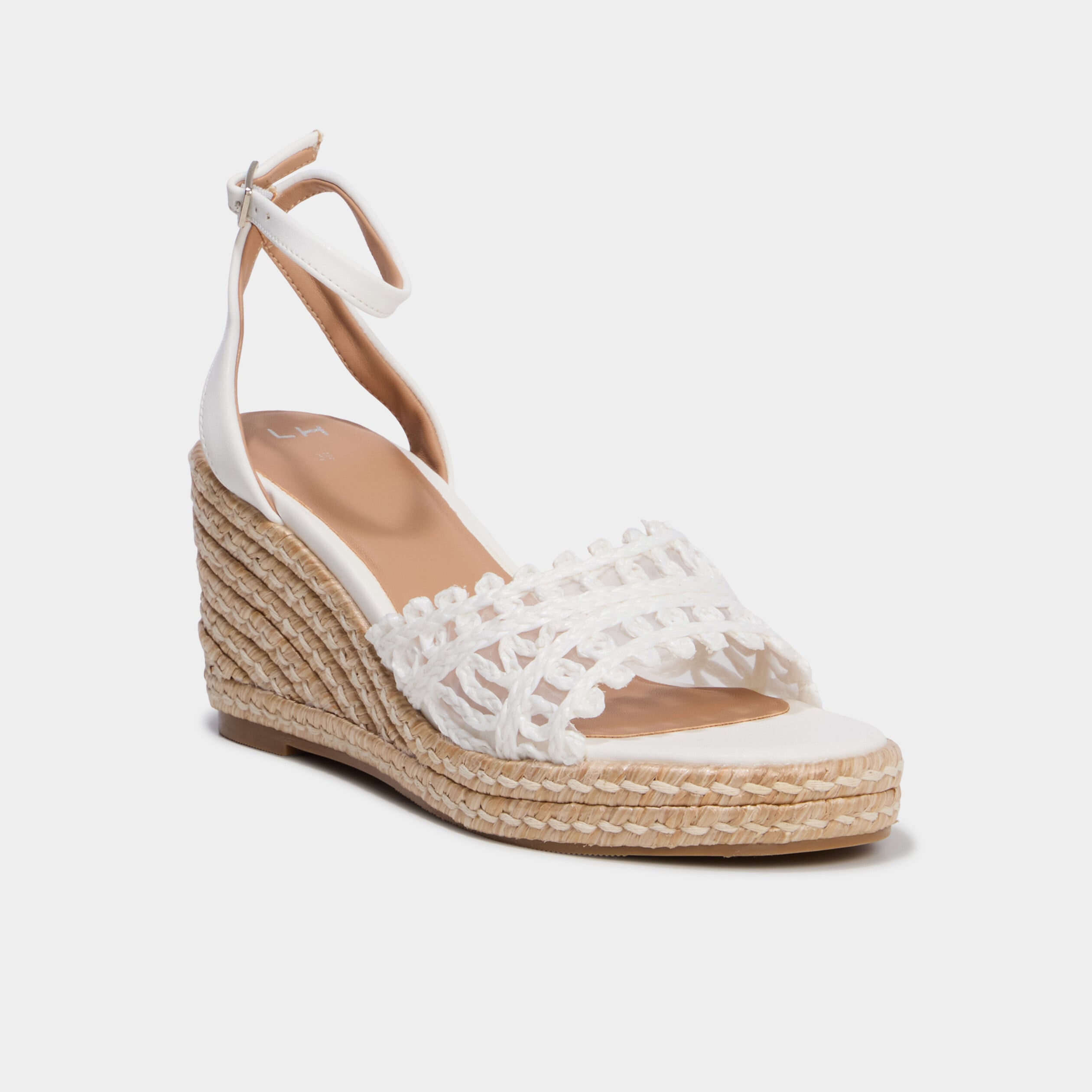 Sandales compens&eacute;es avec d&eacute;tails tress&eacute;s blanc femme