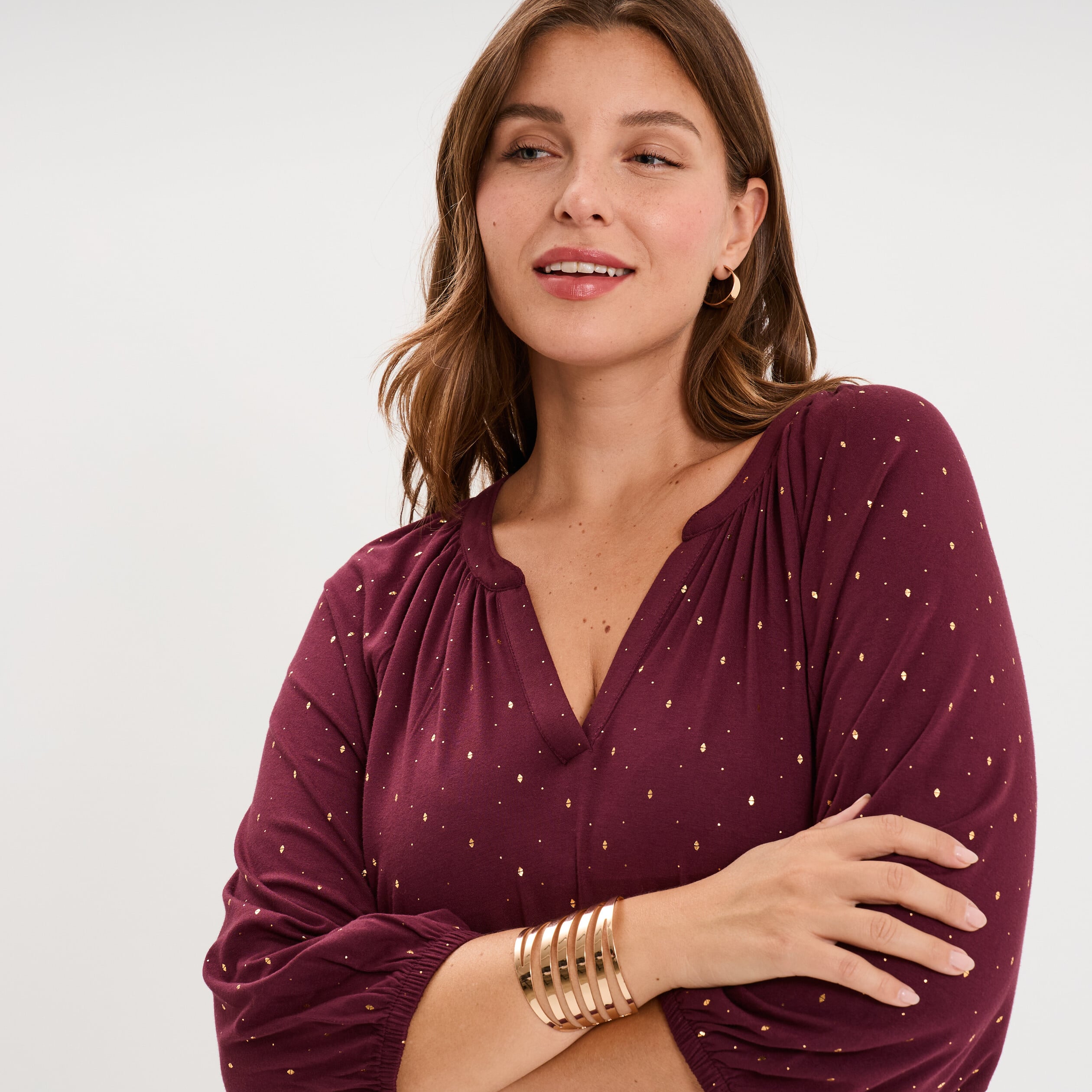 Blouse manches 3/4 et col tunisien bordeaux femme grande taille