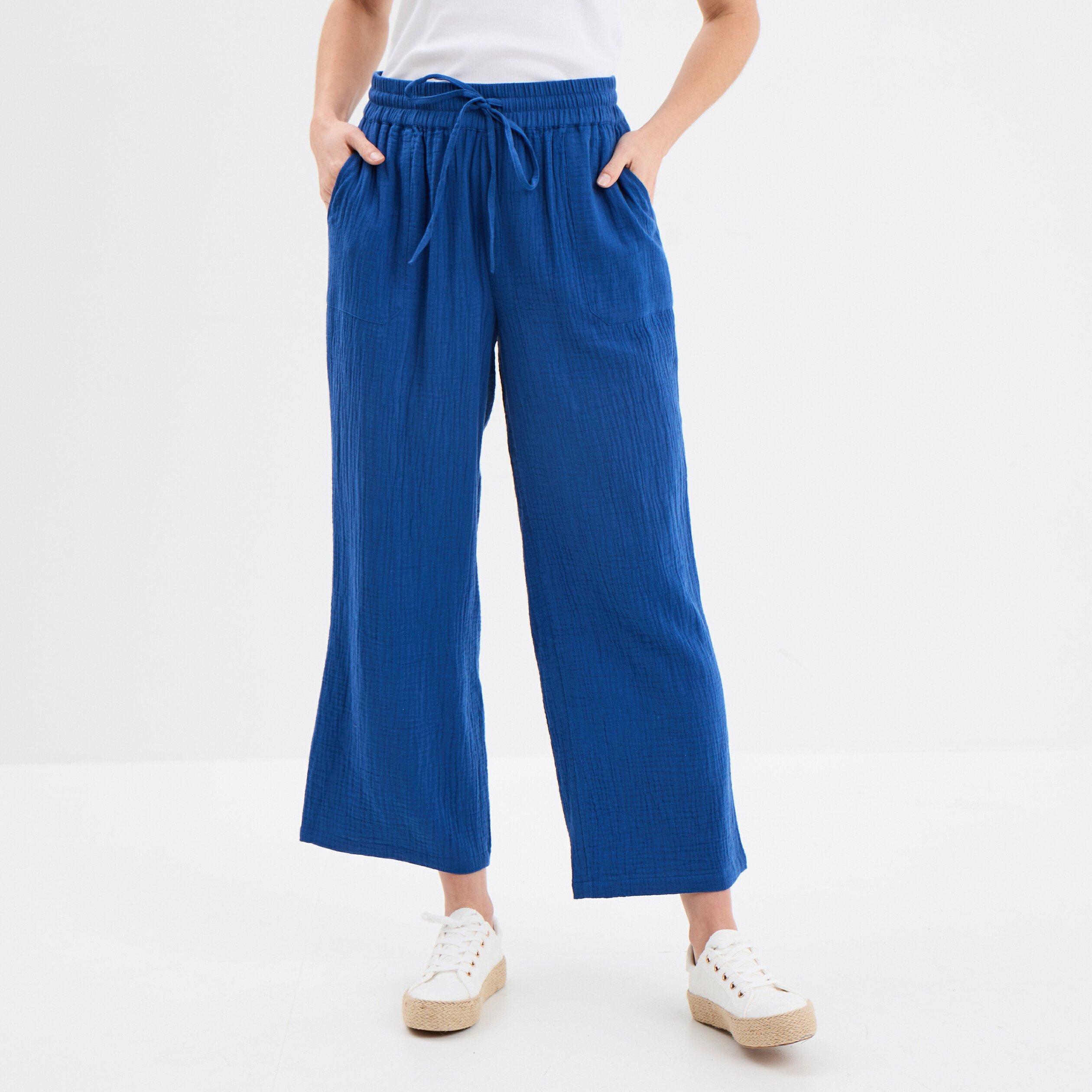pantalon fluide elastique gaze de coton bleu marine femme Pantalon fluide élastiqué gaze de coton bleu marine femme