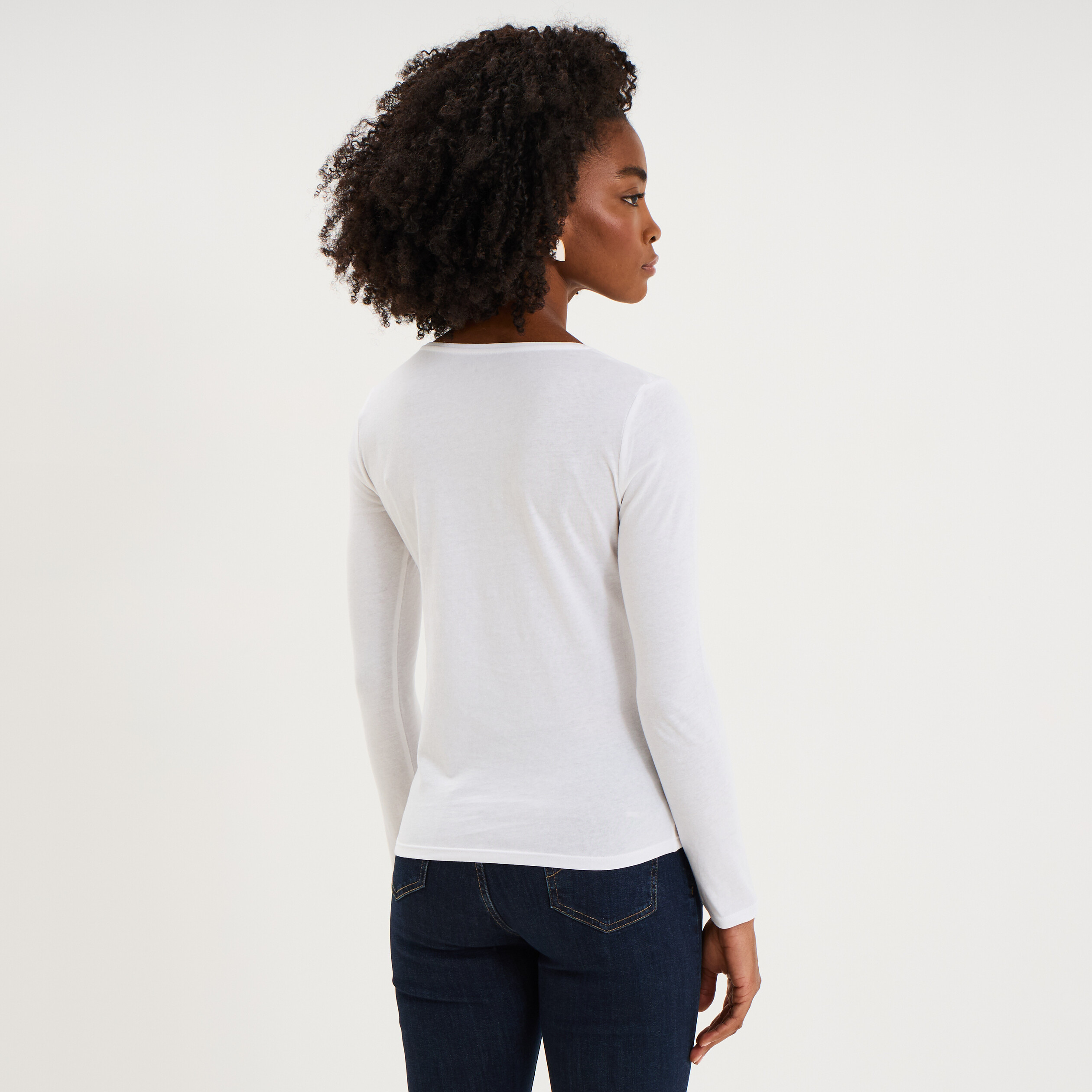 T-shirt coton col rond manches longues blanc femme