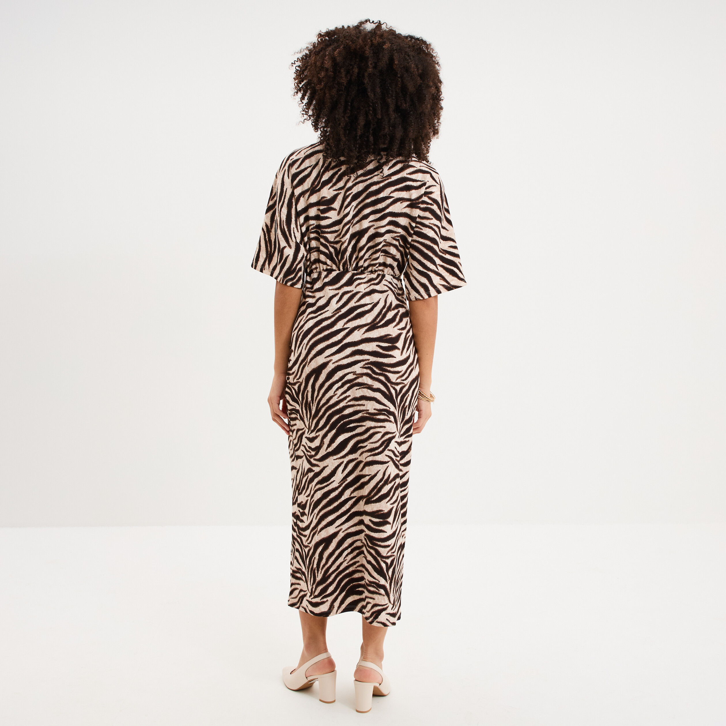 Robe longue fendue manches courtes ecru femme