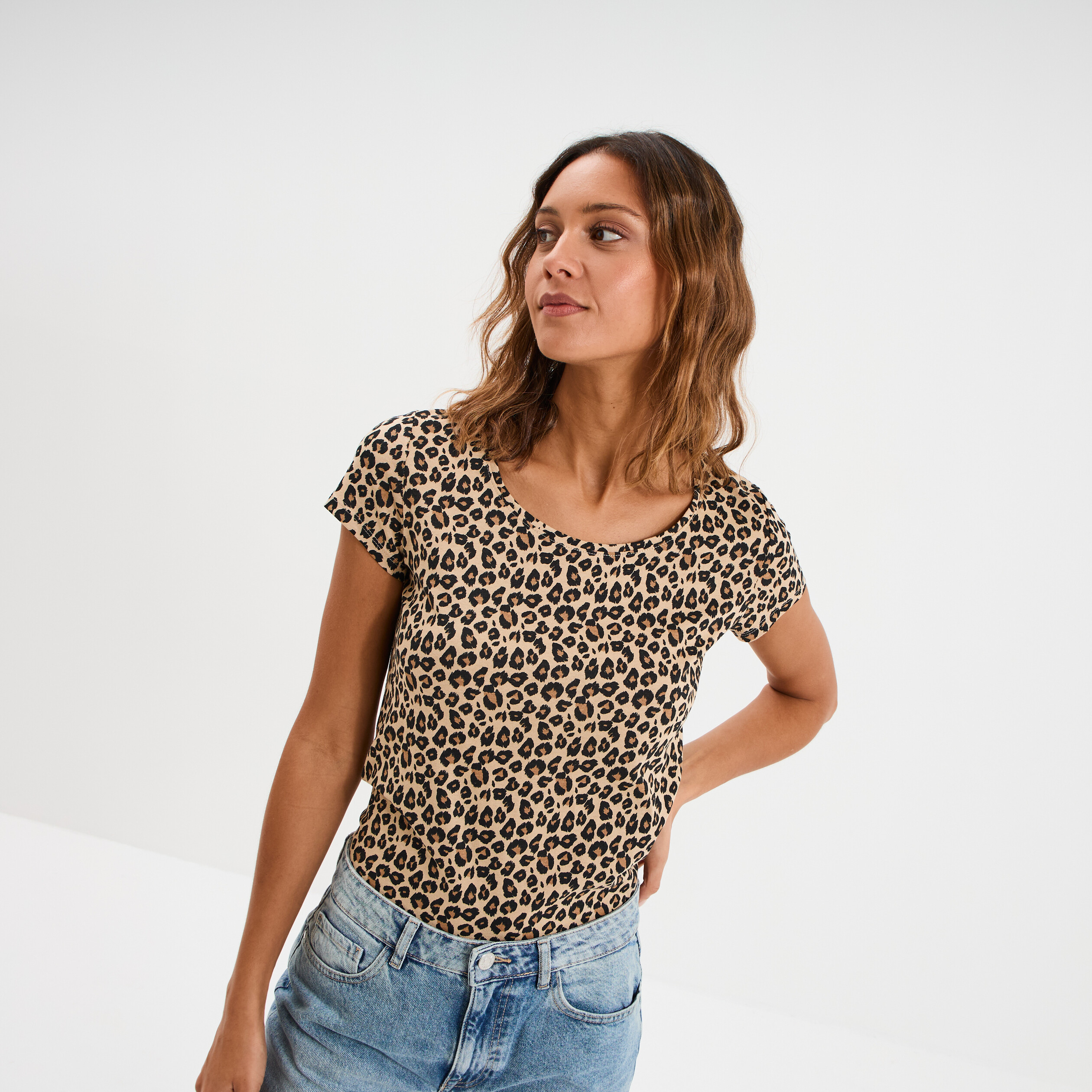 T-shirt coton imprim&eacute; coupe ajust&eacute;e sable femme