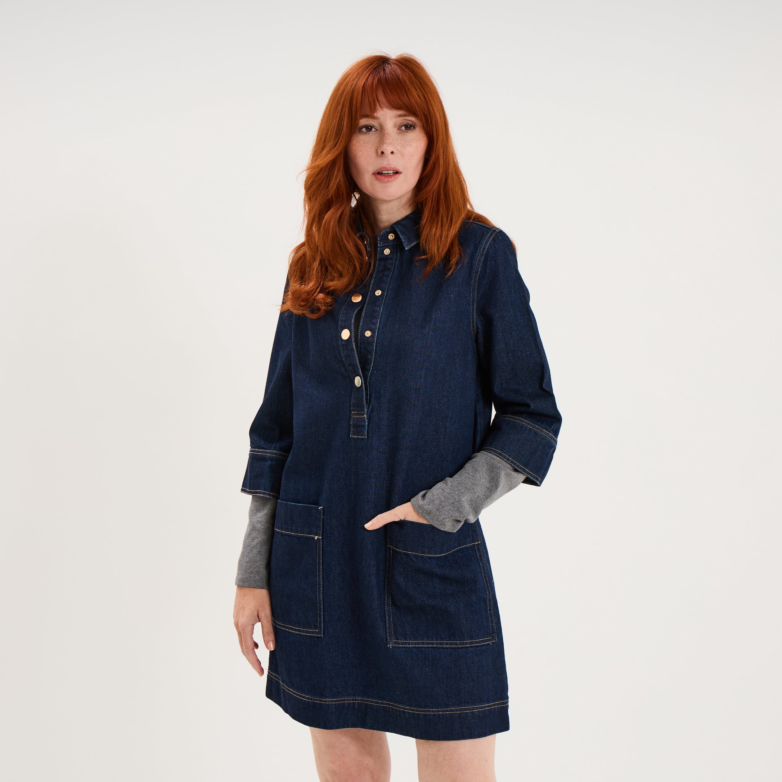 Robe courte en denim manches 3/4 denim brut femme