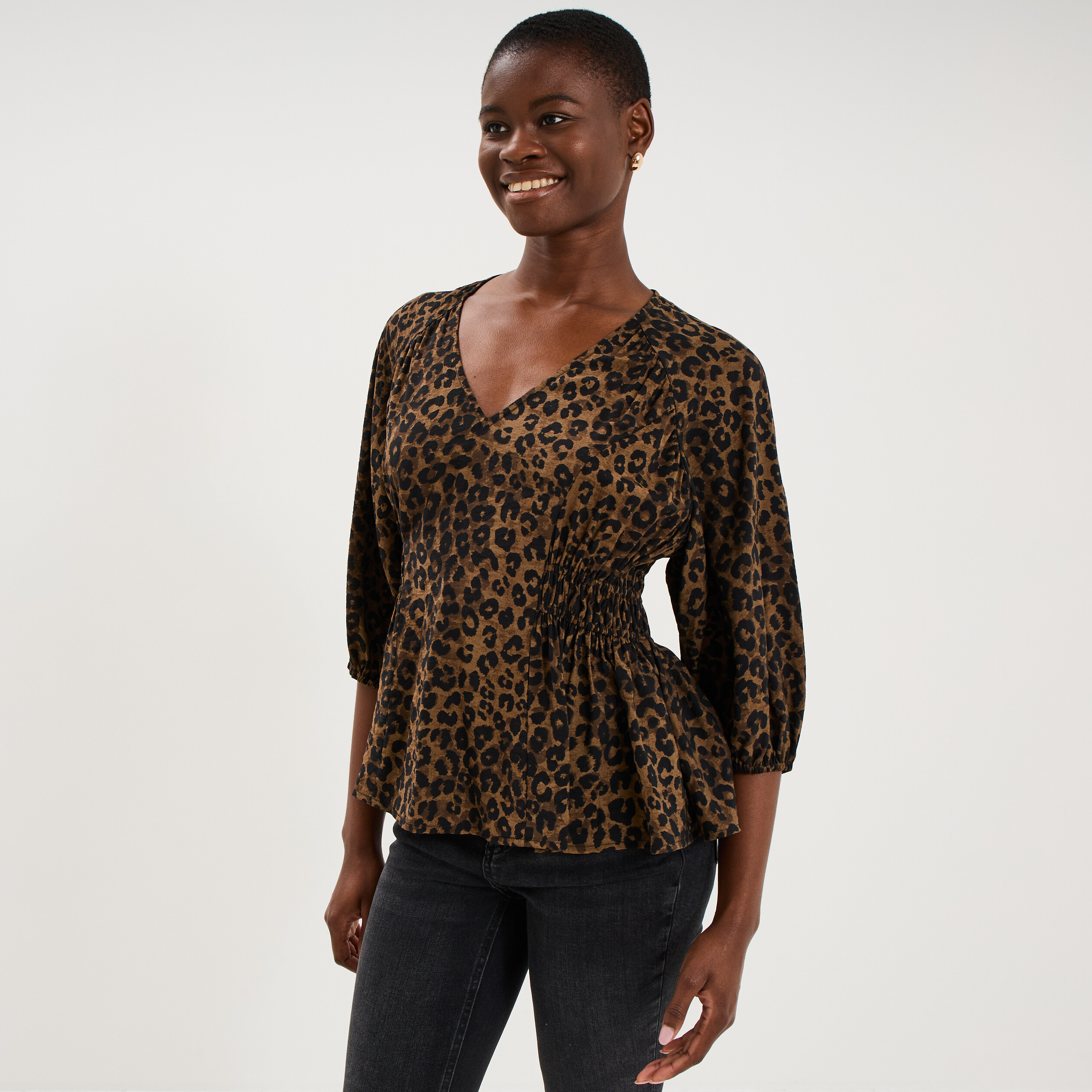 Blouse oversize &eacute;lastiqu&eacute;e manches 3/4 vert kaki femme