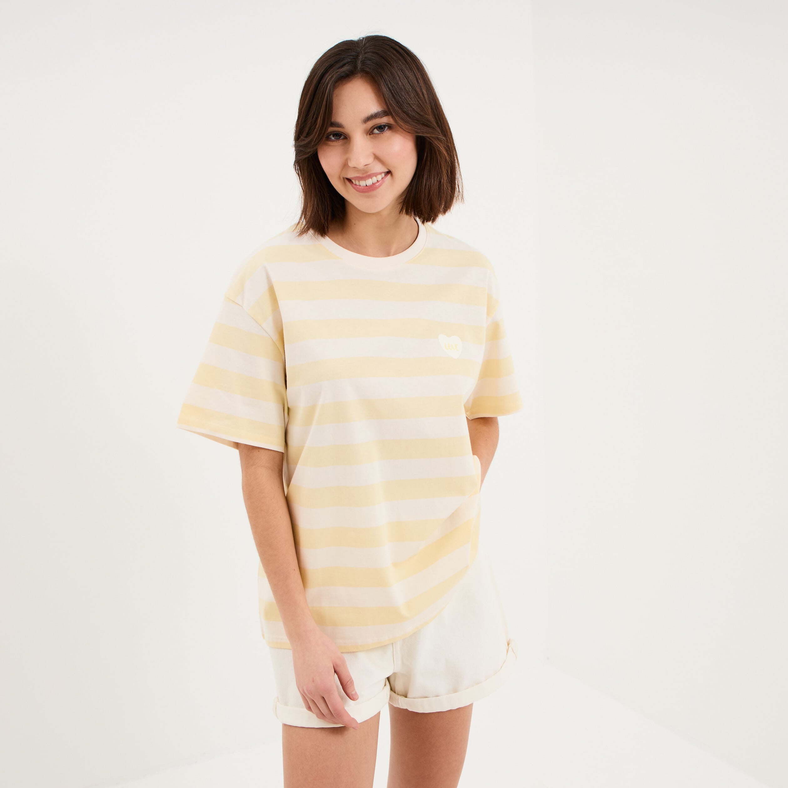 T-shirt droit &agrave; manches courtes coton jaune citron femme