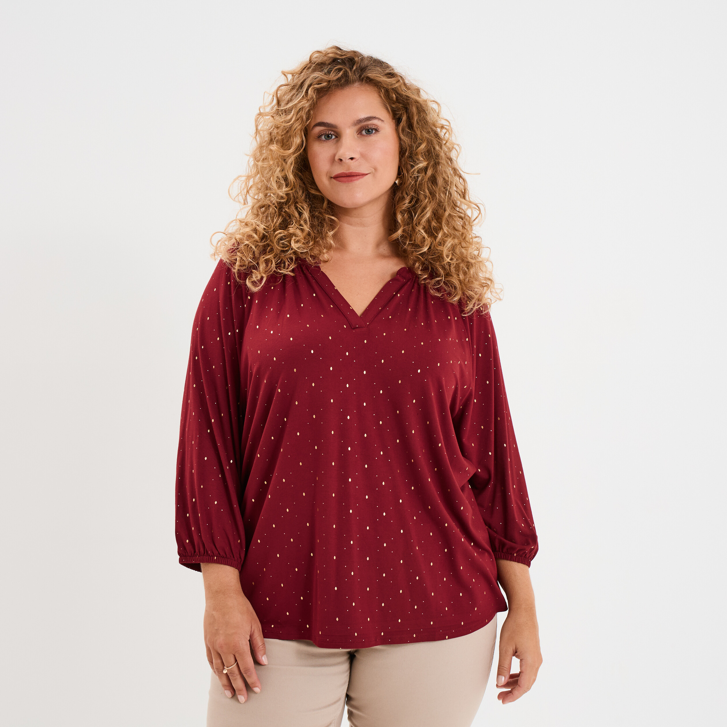 blouse col en v manches 34 bordeaux femmegt Blouse col en V manches 3/4 bordeaux femme grande taille