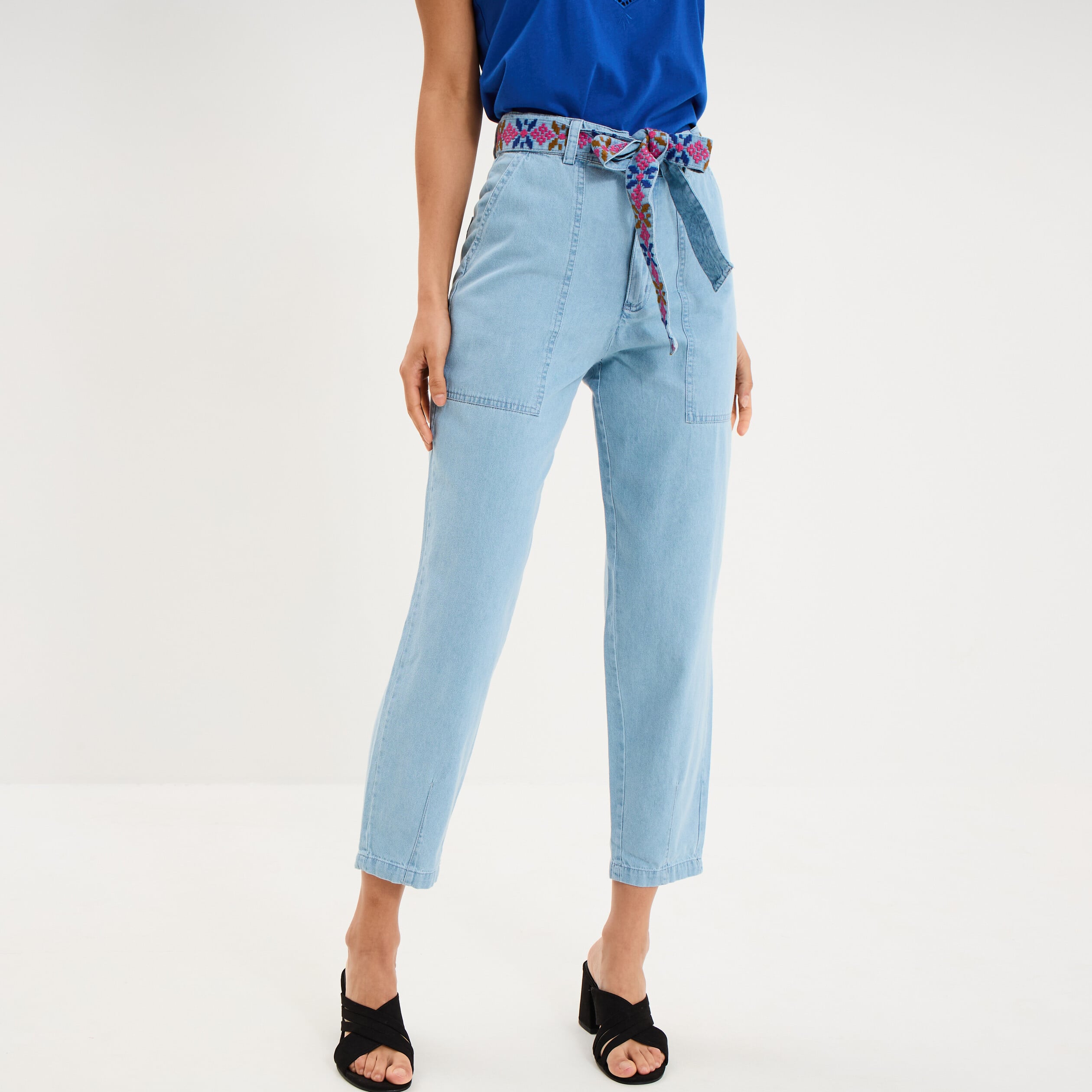 Jean mom cropped taille haute &agrave; ceinture denim triple stone femme