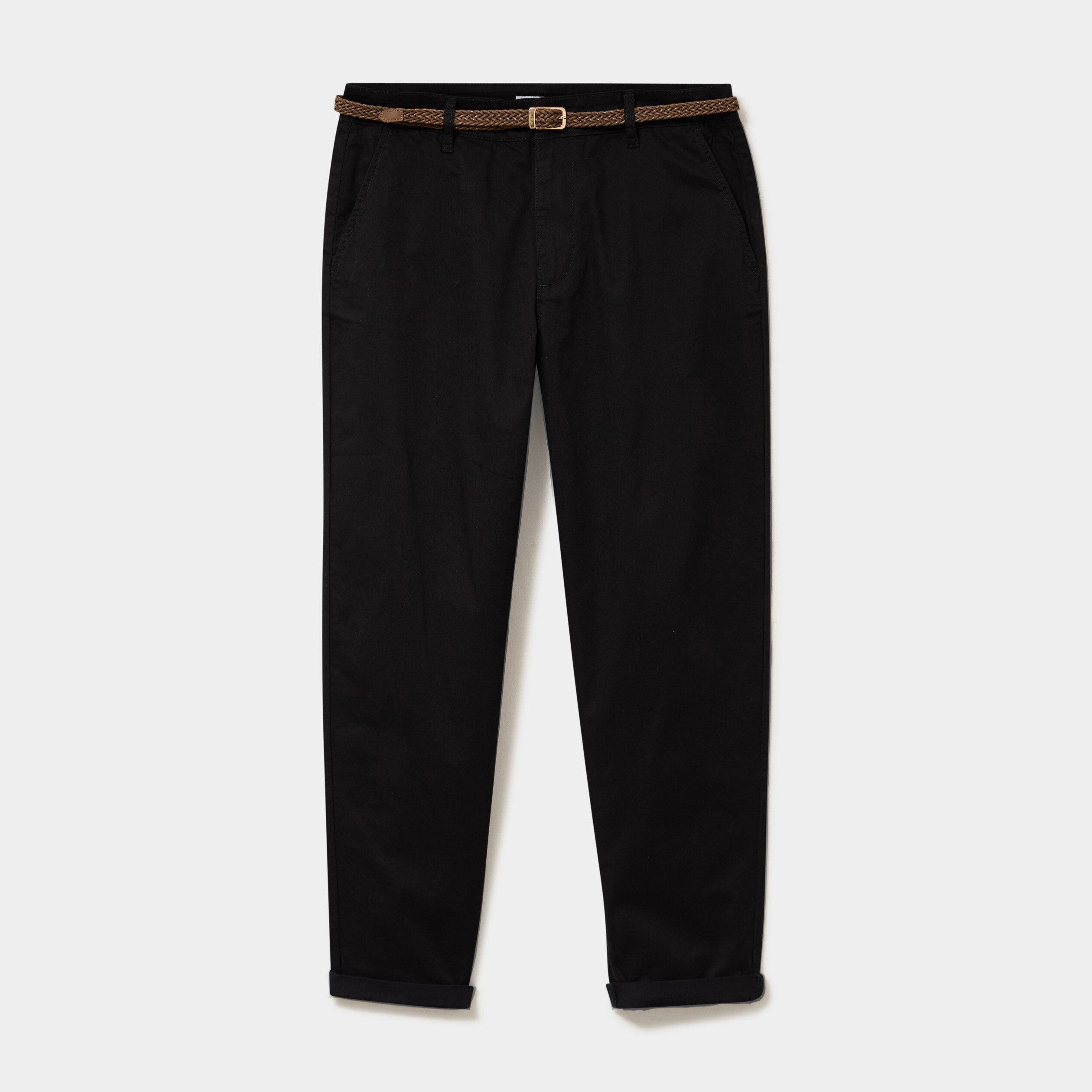 Pantalon chino regular ceinture tress&eacute;e noir femme