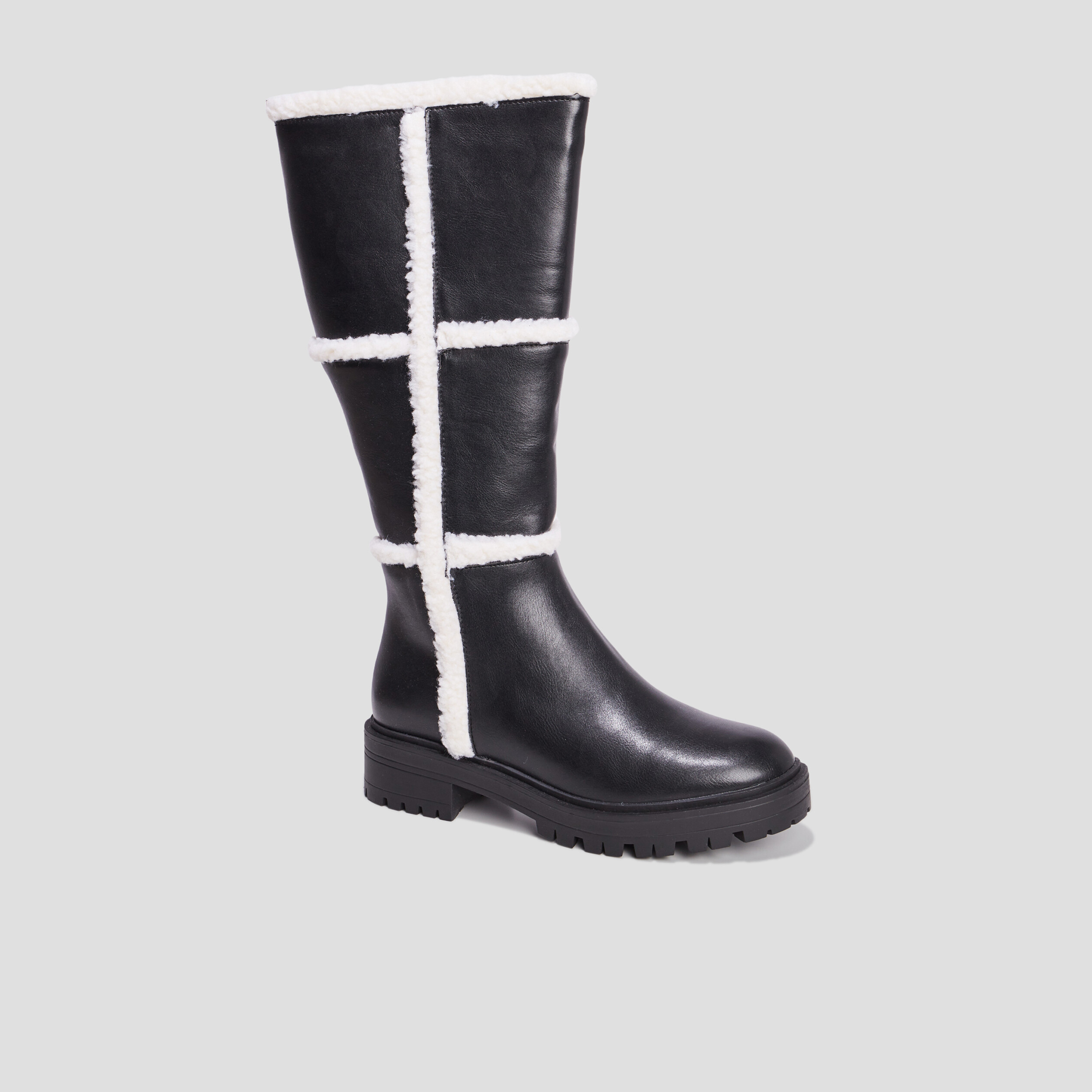 Bottes bandes fausse laine mouton noir femme