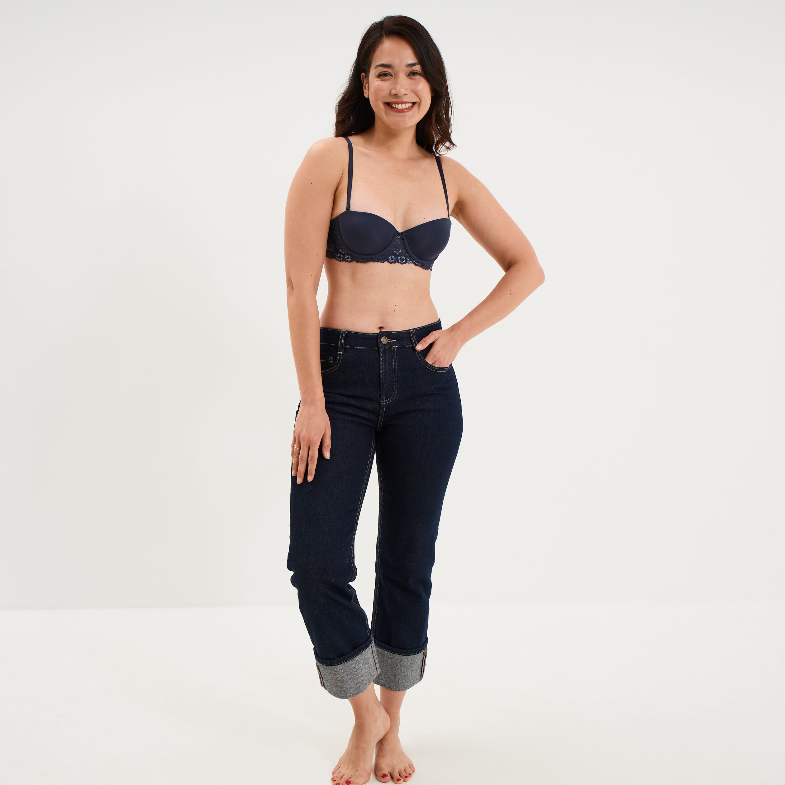 Soutien-gorge balconnet micro dentelle bleu marine femme