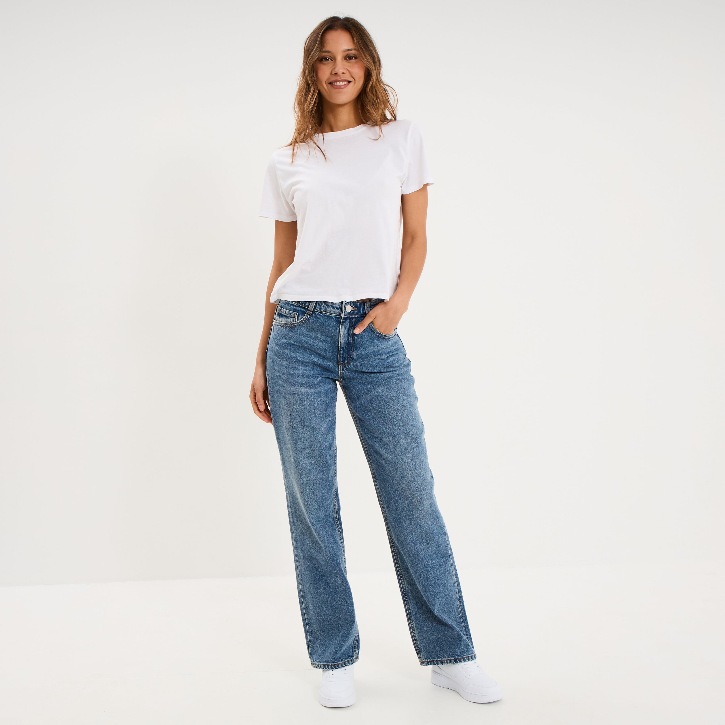 Jean droit taille basse coton denim stone femme