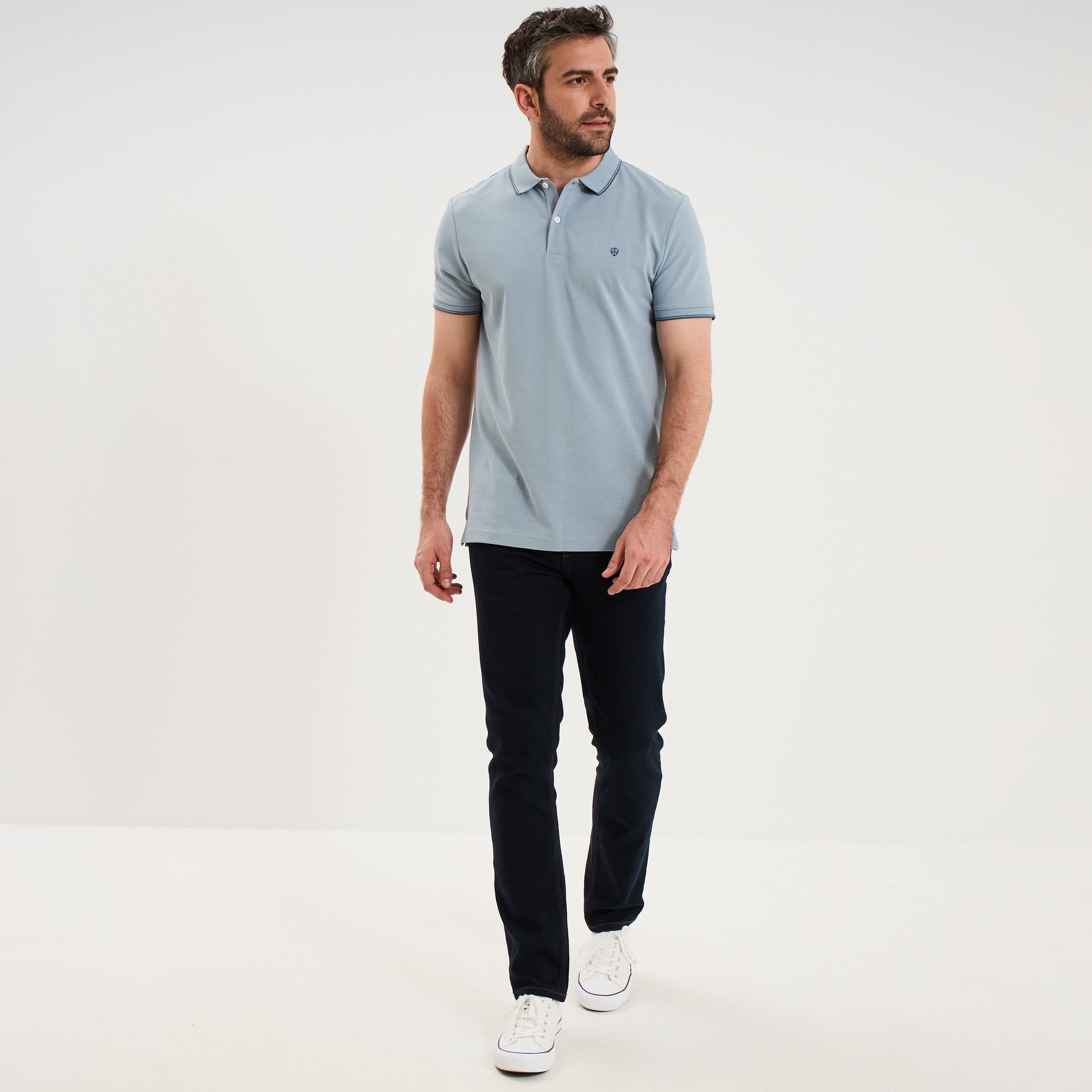Polo piqu&eacute; coton manches courtes bleu gris homme