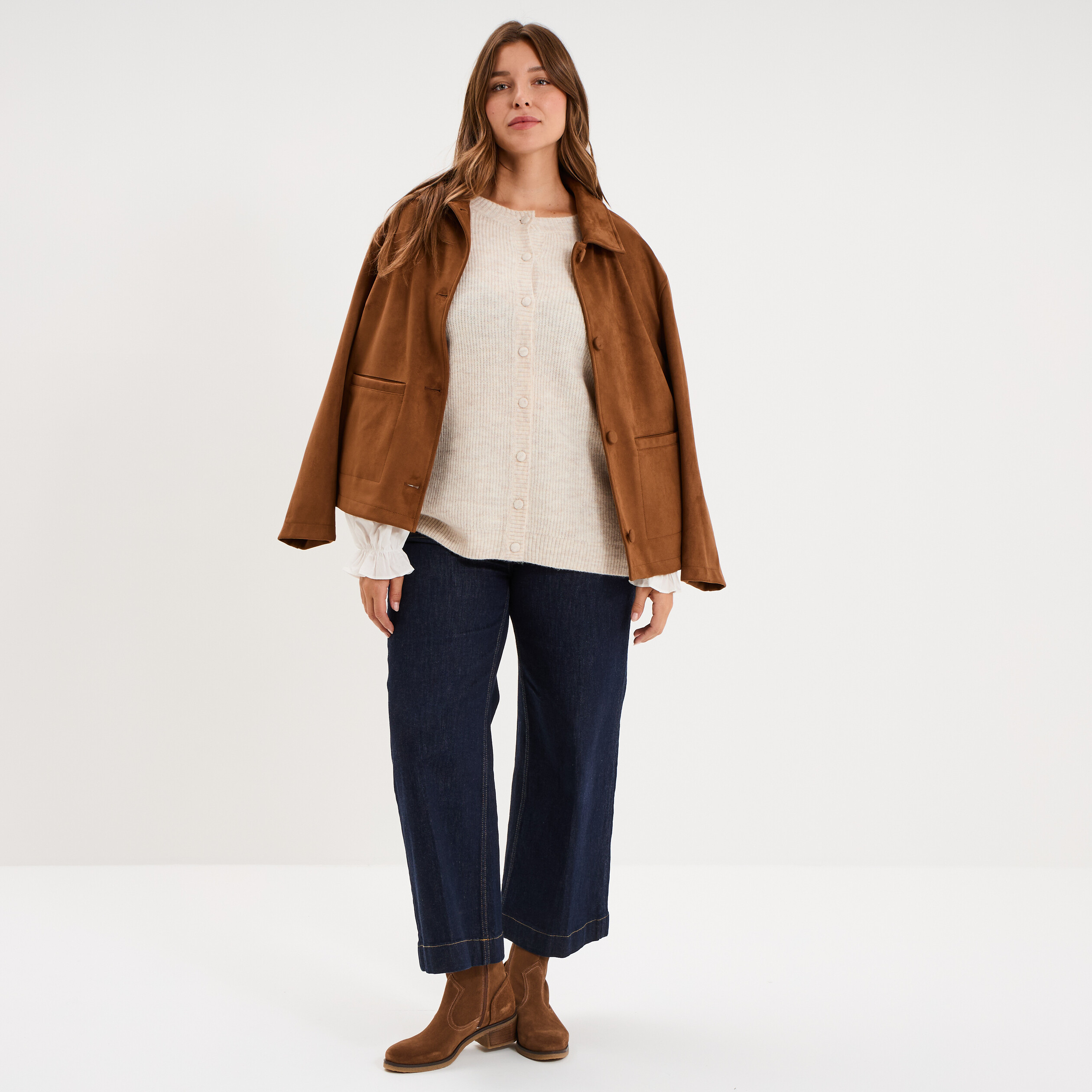 Gilet effet 2-en-1 manches brod&eacute;es beige femme grande taille