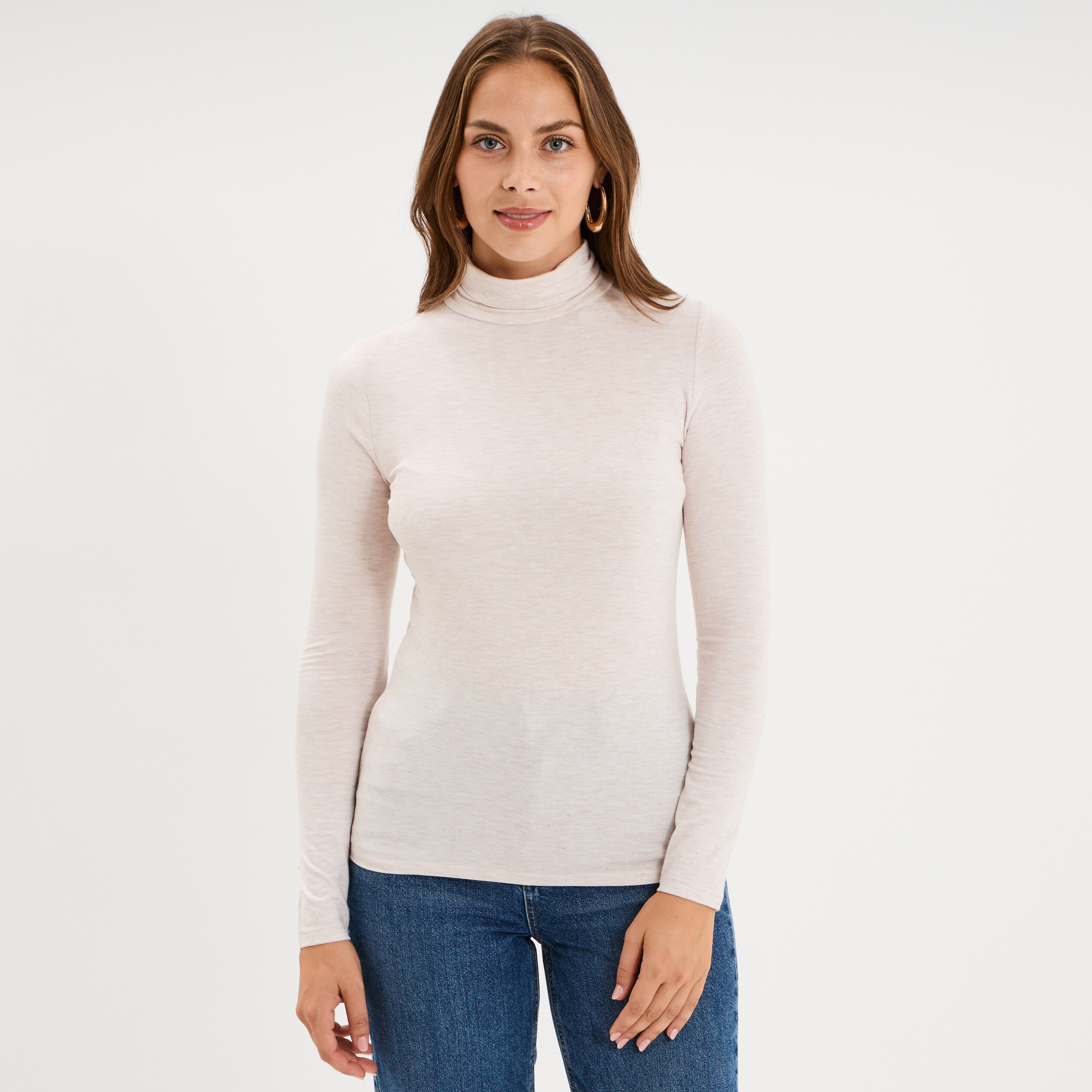 T-shirt manches longues col roul&eacute; beige femme