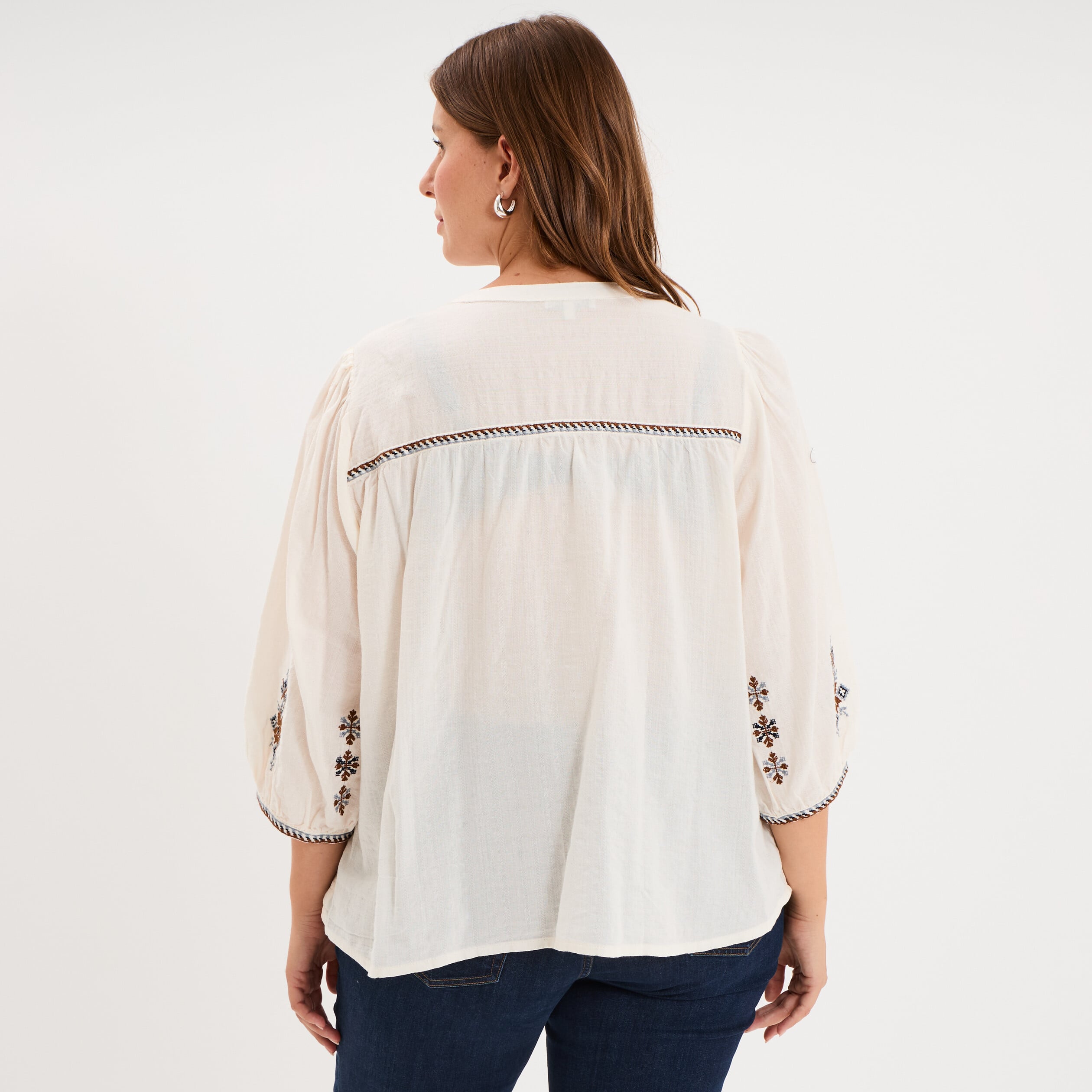 Blouse brod&eacute;e manches bouffantes 3/4 ecru femme grande taille