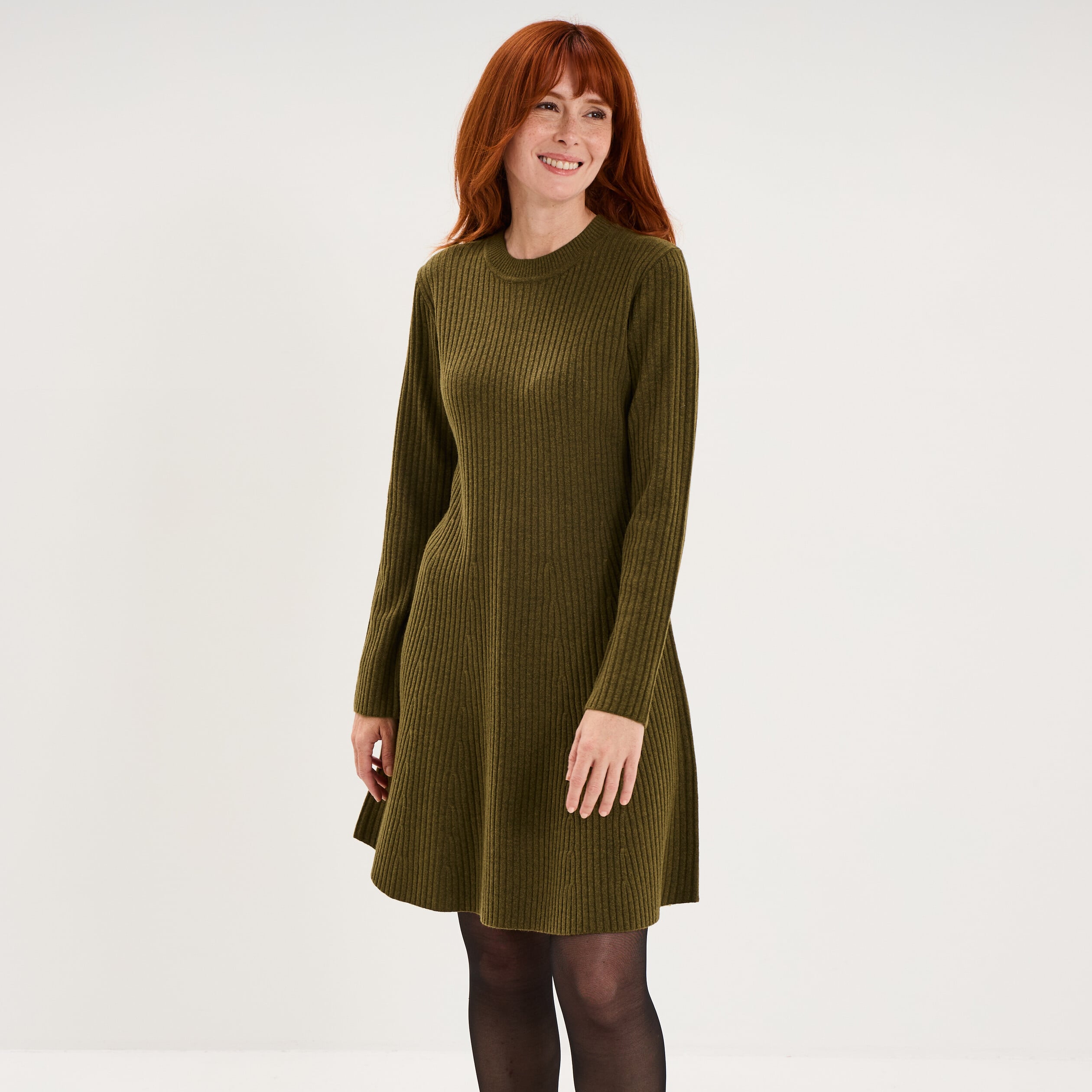 Robe tricot c&ocirc;tel&eacute;e manches longues vert kaki femme