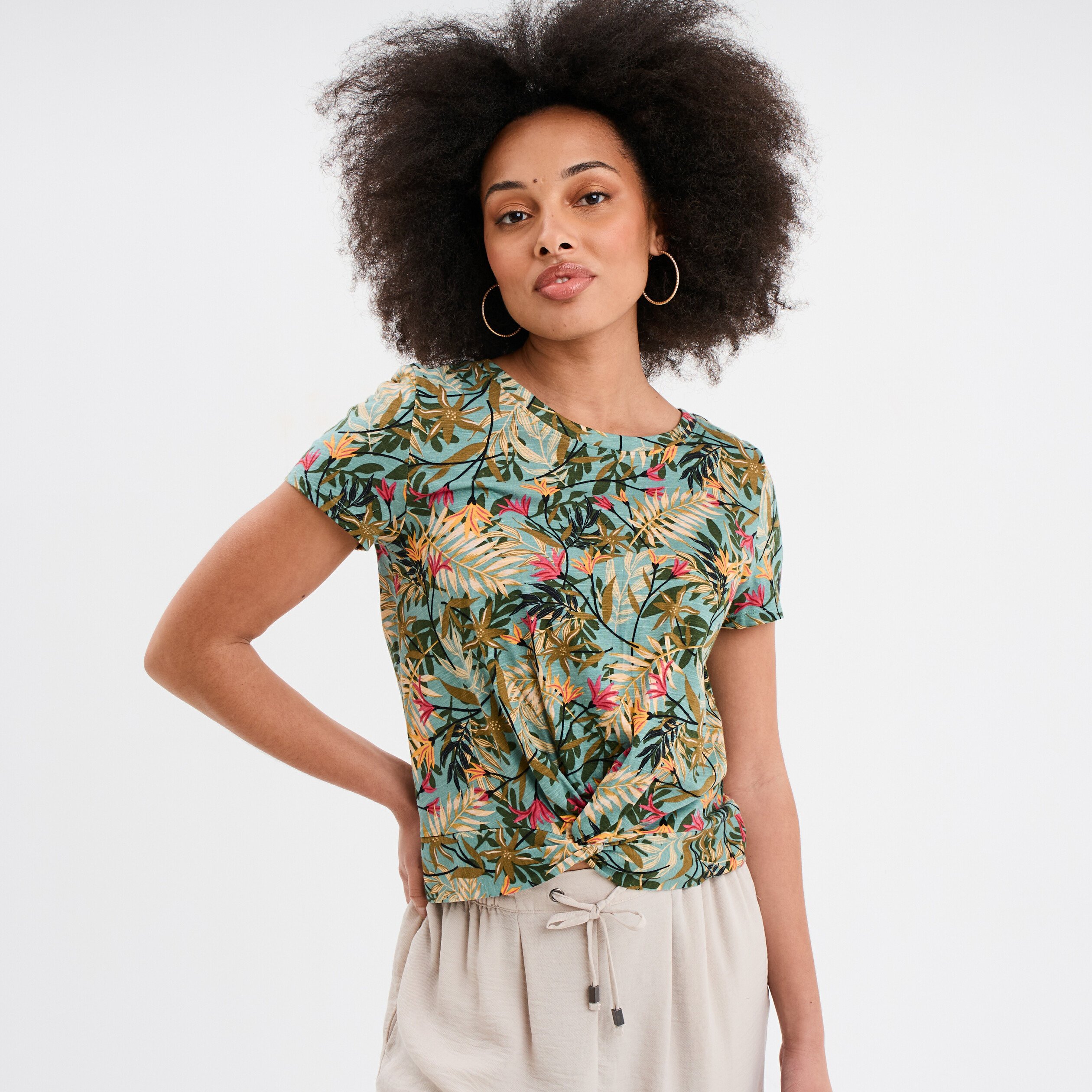 t shirt taille effet noue coton vert emeraude femme T-shirt taille effet noué coton vert émeraude femme