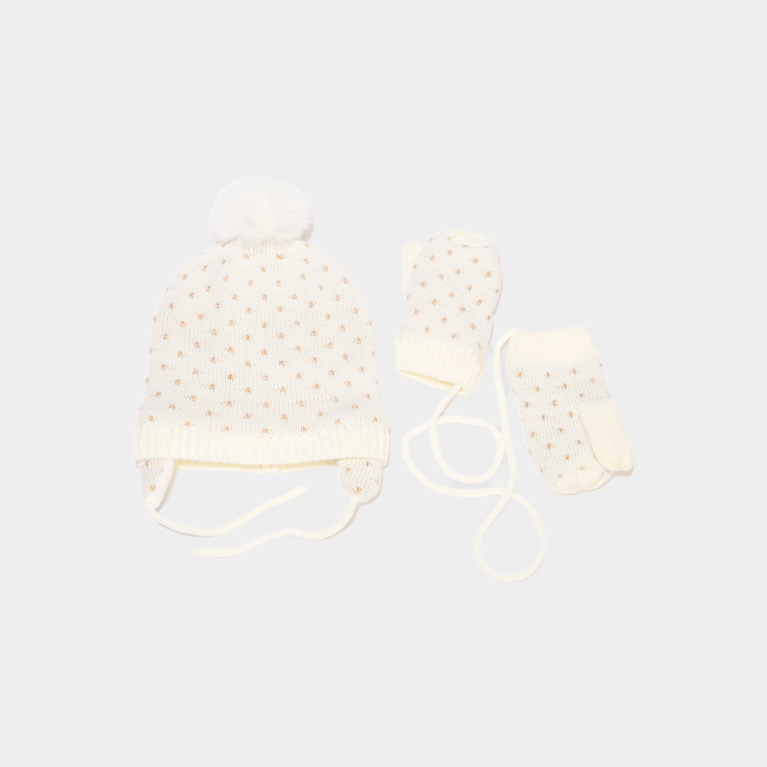 Ensemble bonnet et moufles ivoire b&eacute;b&eacute; fille