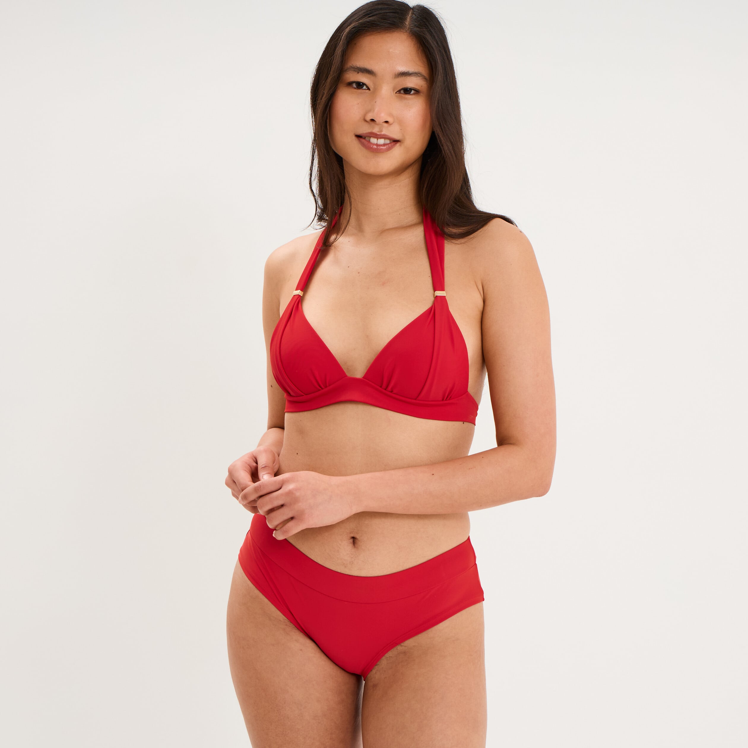 Haut de maillot de bain forme triangle rouge fonc&eacute; femme