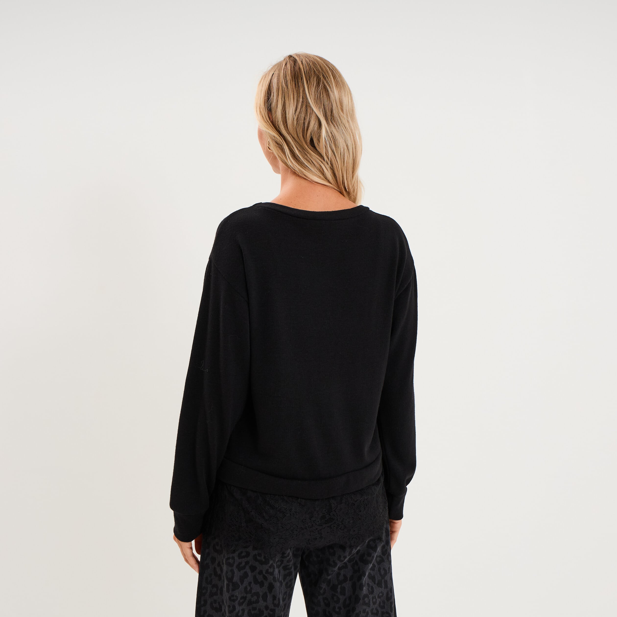Pull col rond dentelle &agrave; la taille noir femme