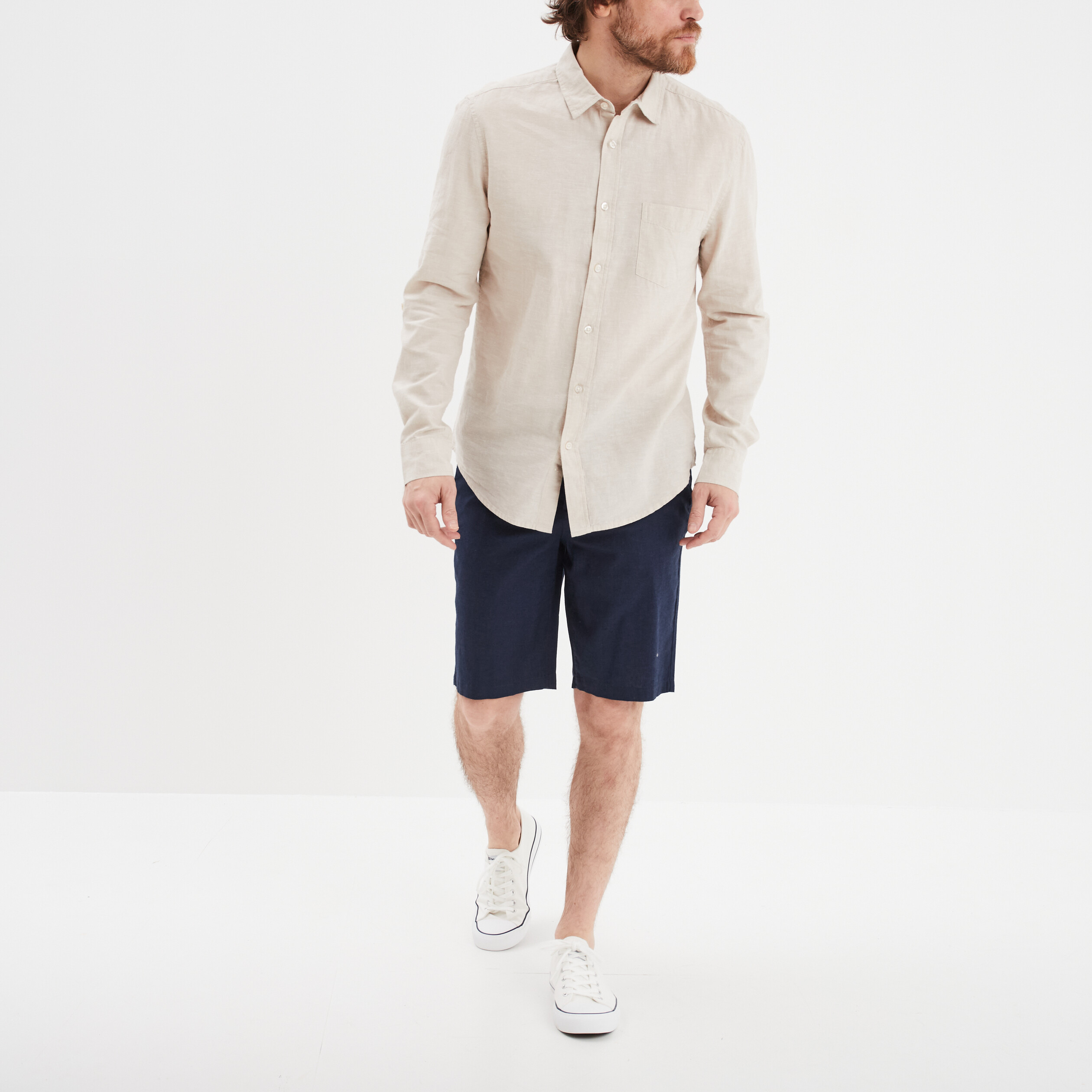 bermuda chino a coulisse lin melange bleu marine homme Bermuda chino à coulisse lin mélangé bleu marine homme
