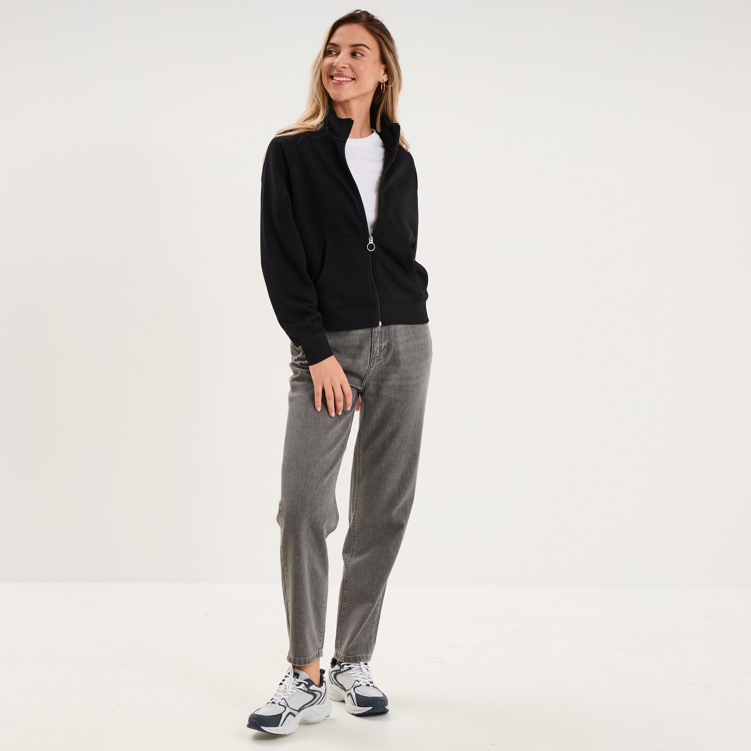Sweat zipp&eacute; molleton col montant noir femme
